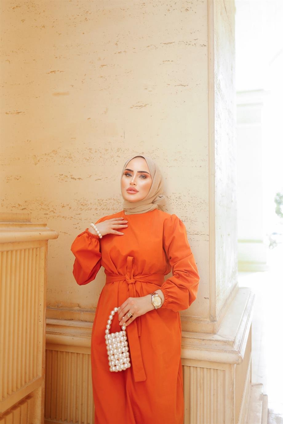 Kemer Detaylı Tesettür Turuncu Elbise