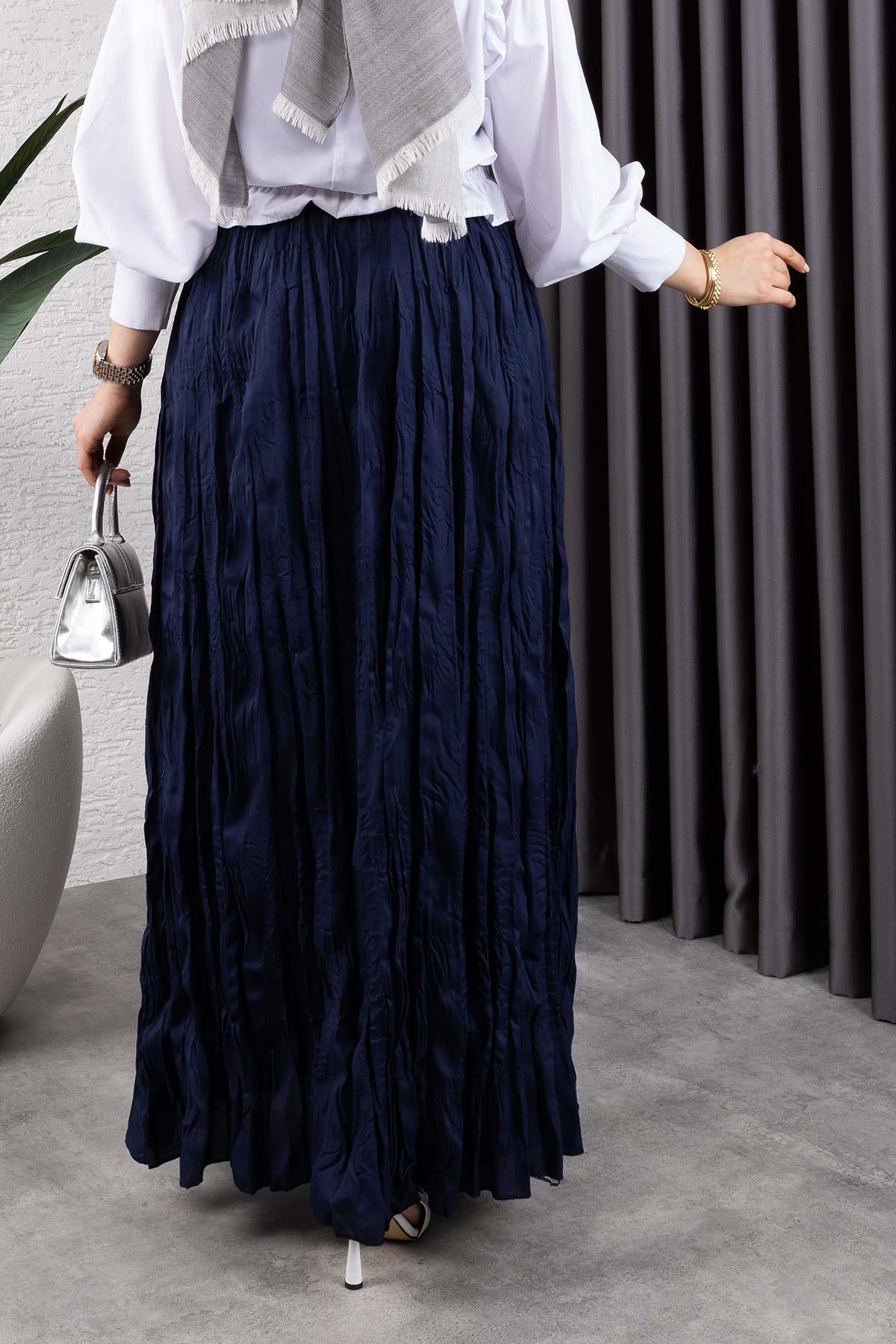 Kırışık Kumaş Etek Lacivert