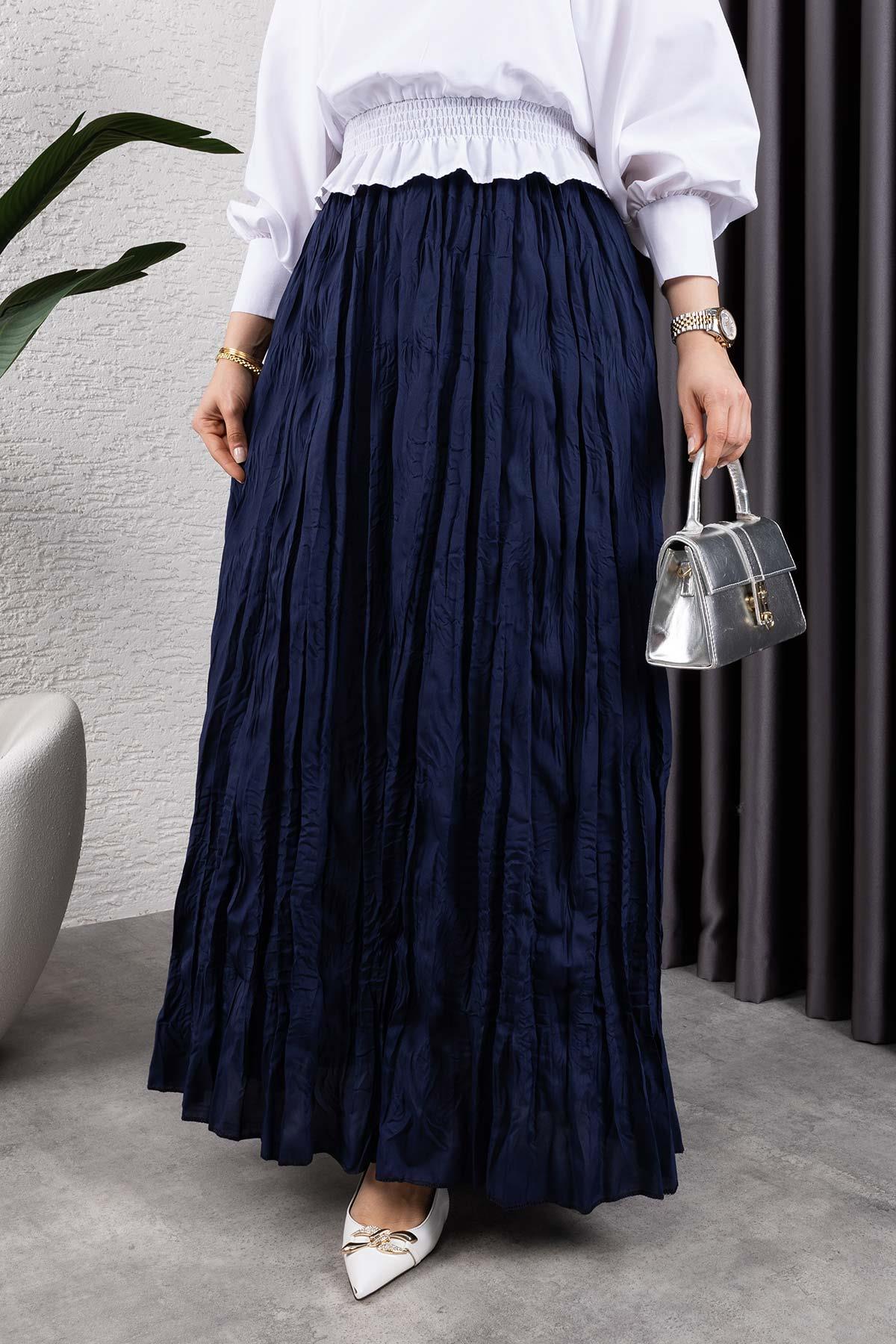Kırışık Kumaş Etek Lacivert