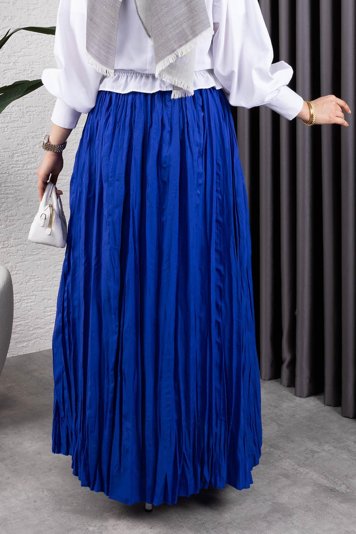 Kırışık Kumaş Etek Saks Mavisi