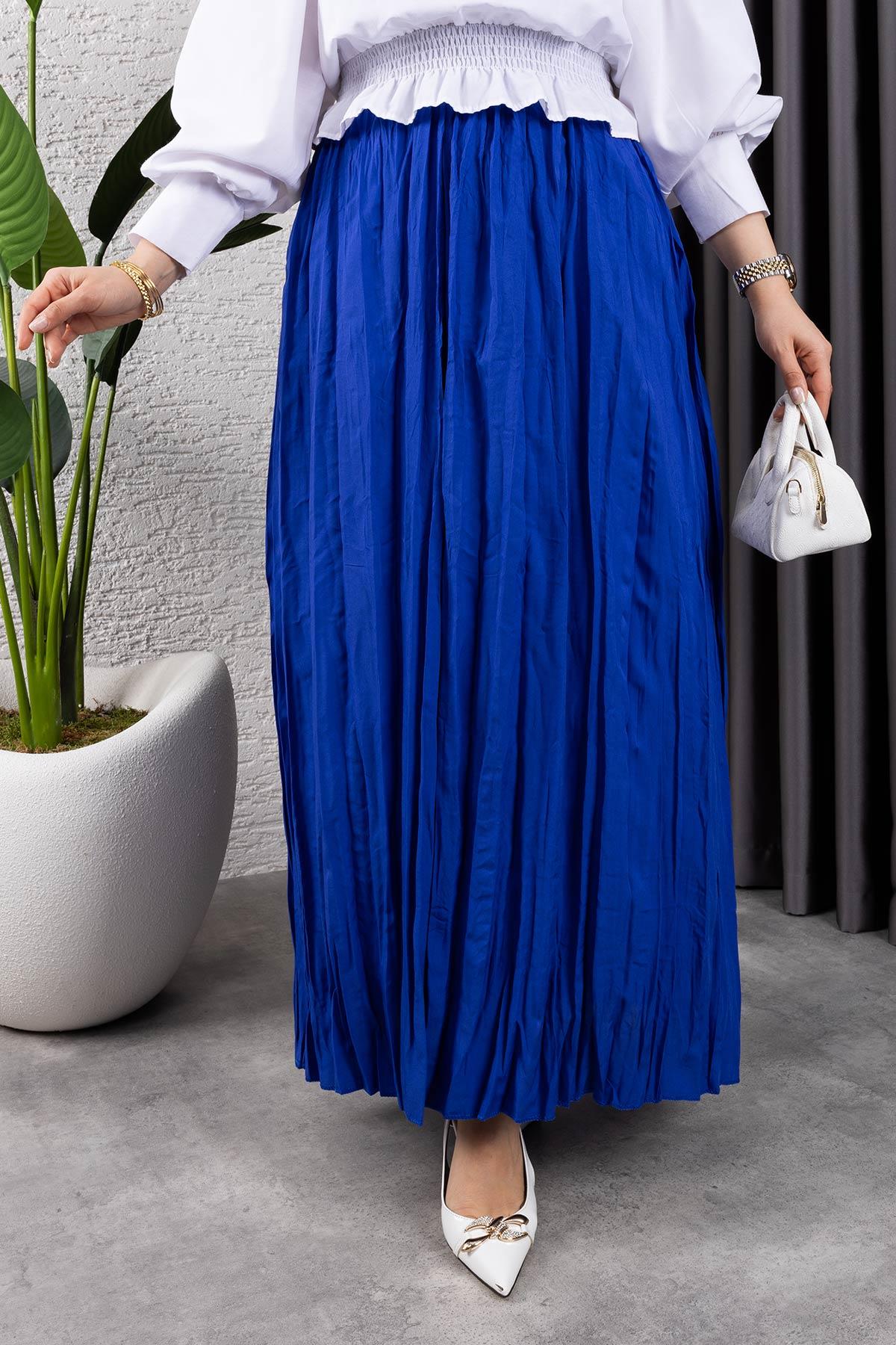 Kırışık Kumaş Etek Saks Mavisi