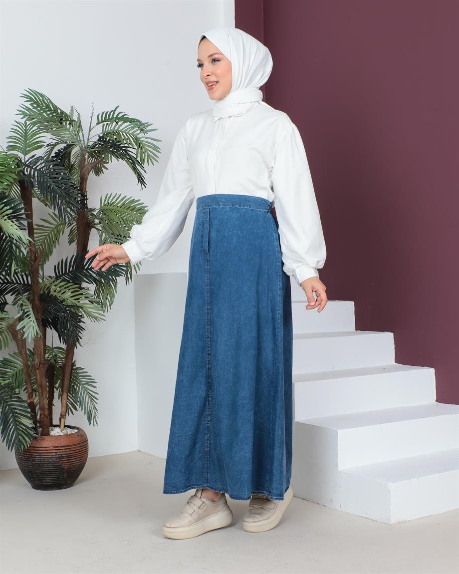 Lastik Detaylı Tesettür Açık Kar Yıkama Kot Etek