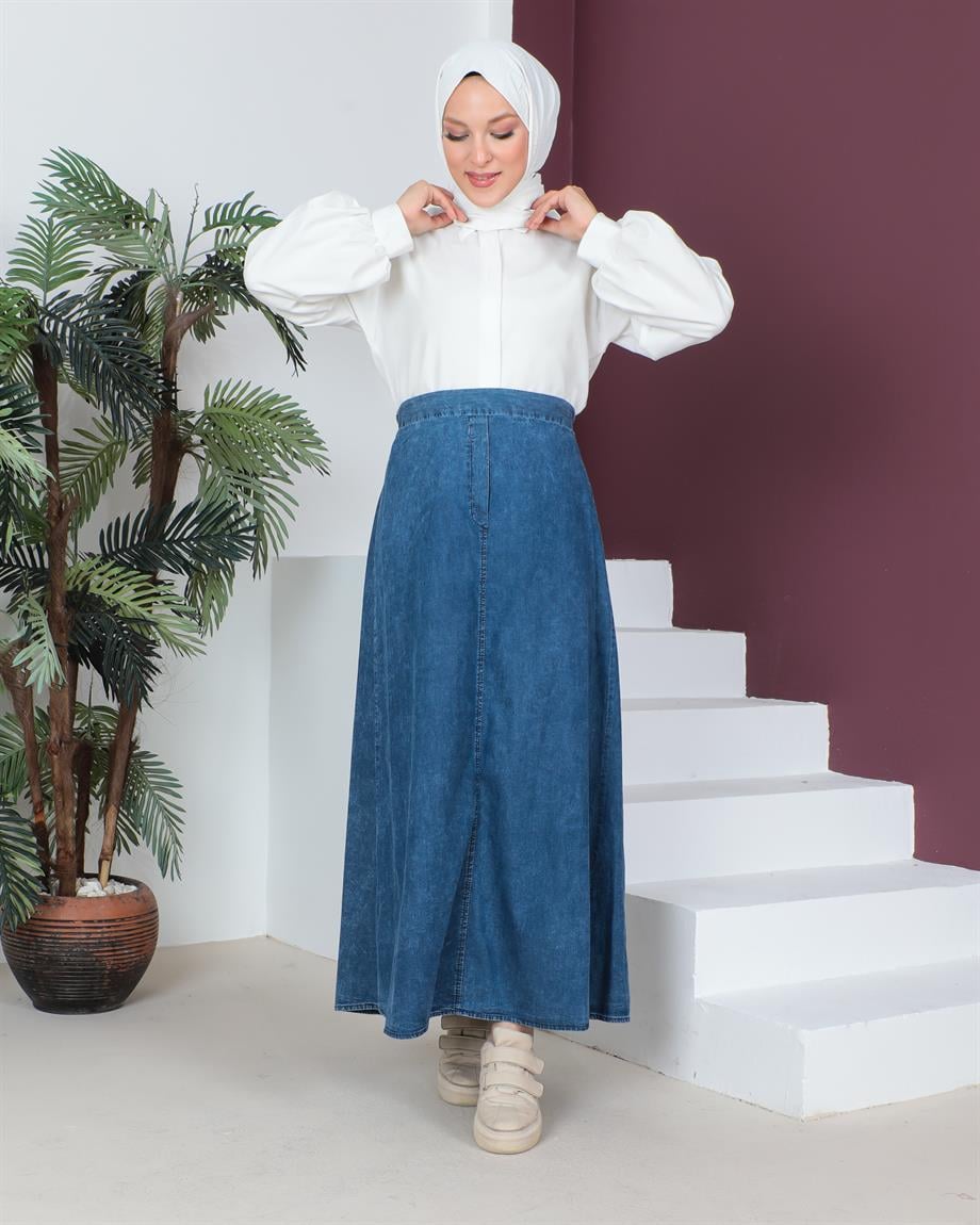 Lastik Detaylı Tesettür Açık Kar Yıkama Kot Etek