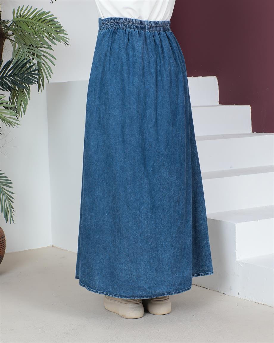 Lastik Detaylı Tesettür Açık Kar Yıkama Kot Etek