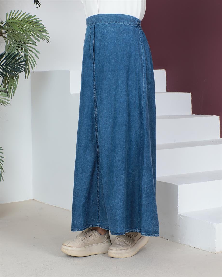 Lastik Detaylı Tesettür Açık Kar Yıkama Kot Etek