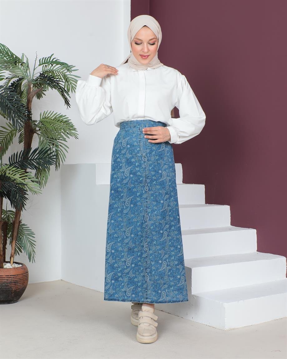 Lastik Detaylı Tesettür Şal Desenli Kar Yıkama Kot Etek