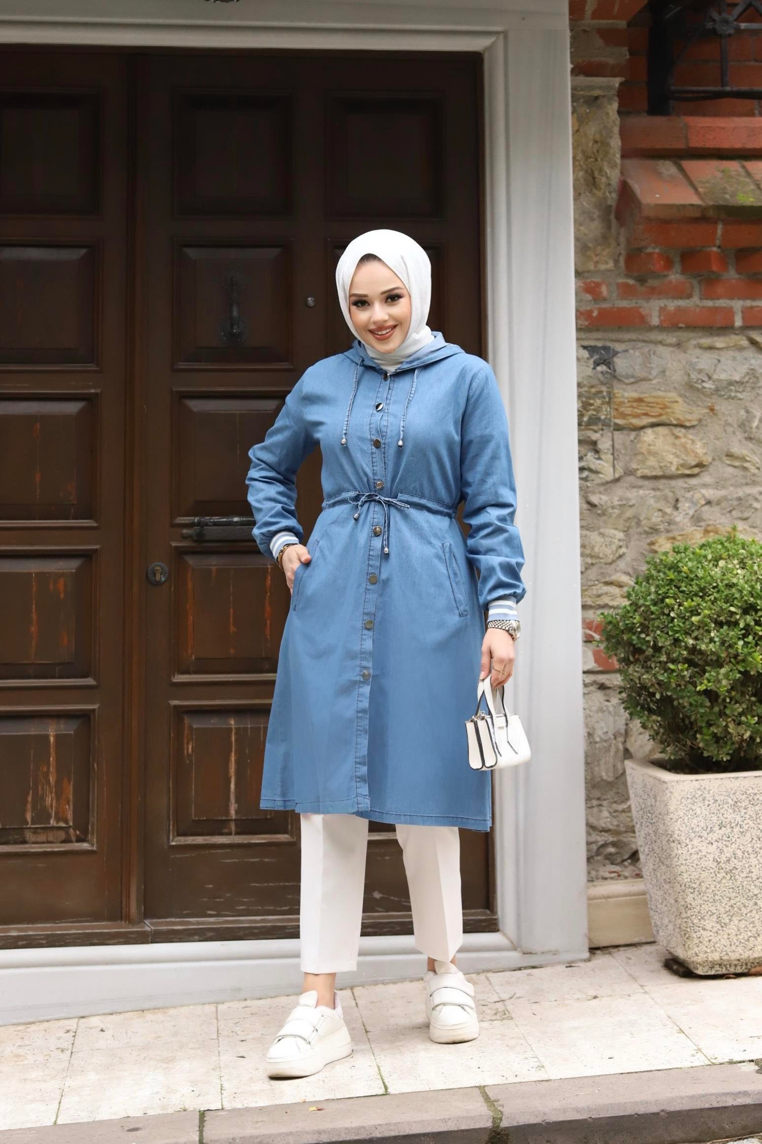 Manşet Detaylı Tesettür Açık Kot Kap