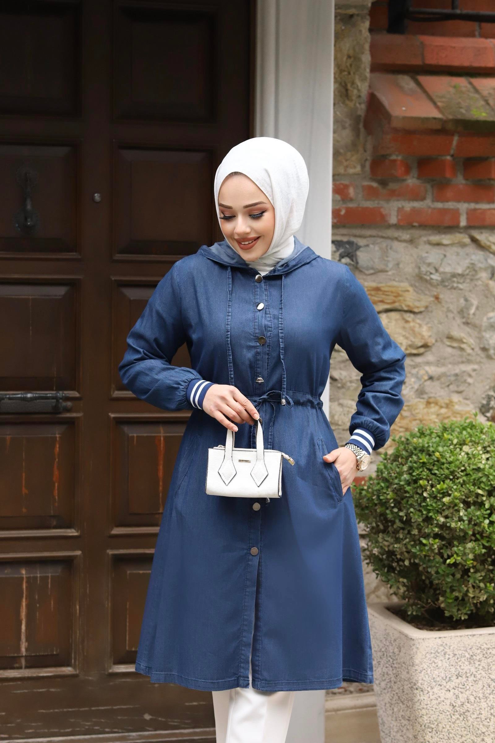 Manşet Detaylı Tesettür Koyu Kot Kap