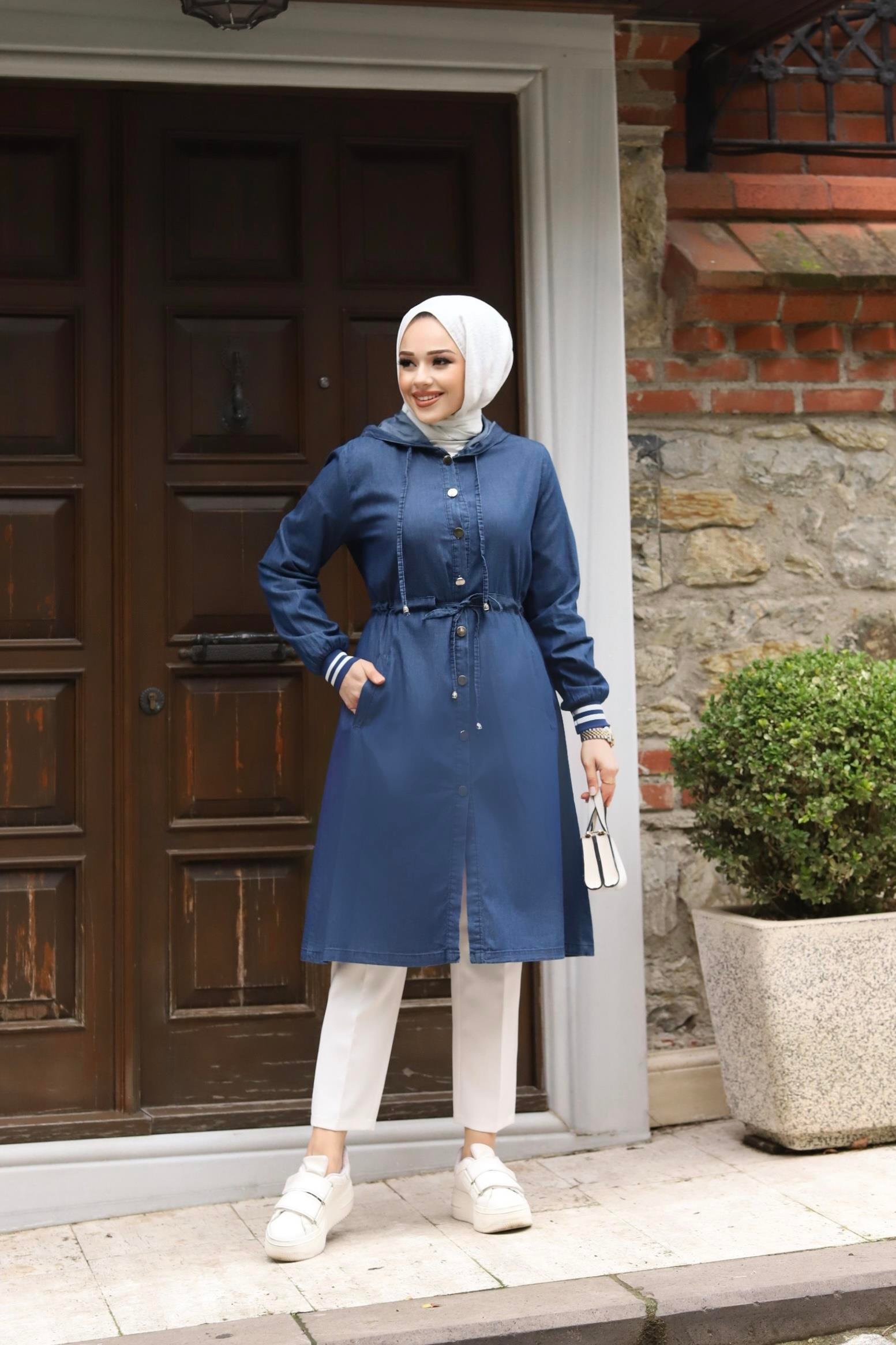 Manşet Detaylı Tesettür Koyu Kot Kap