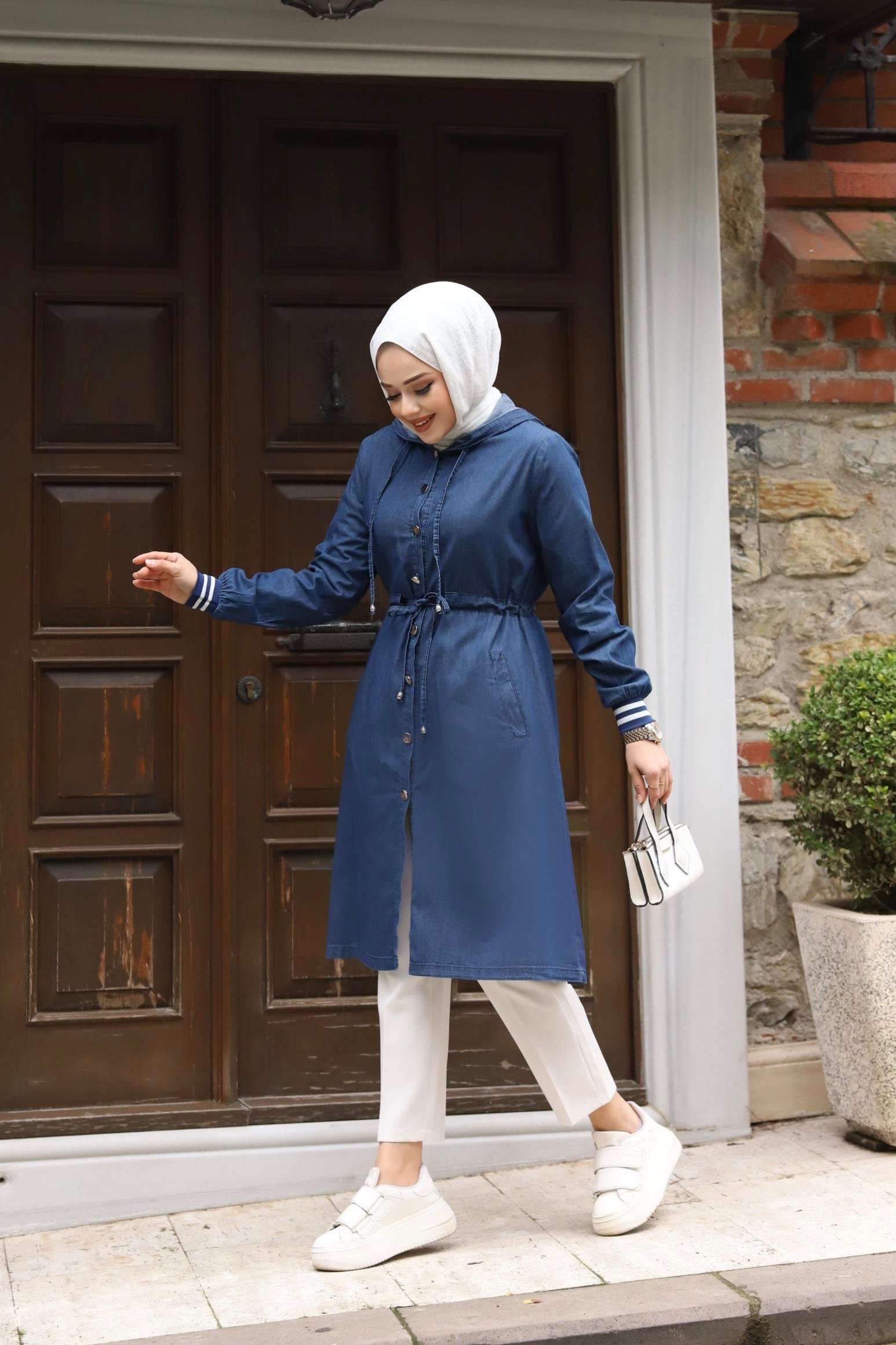 Manşet Detaylı Tesettür Koyu Kot Kap