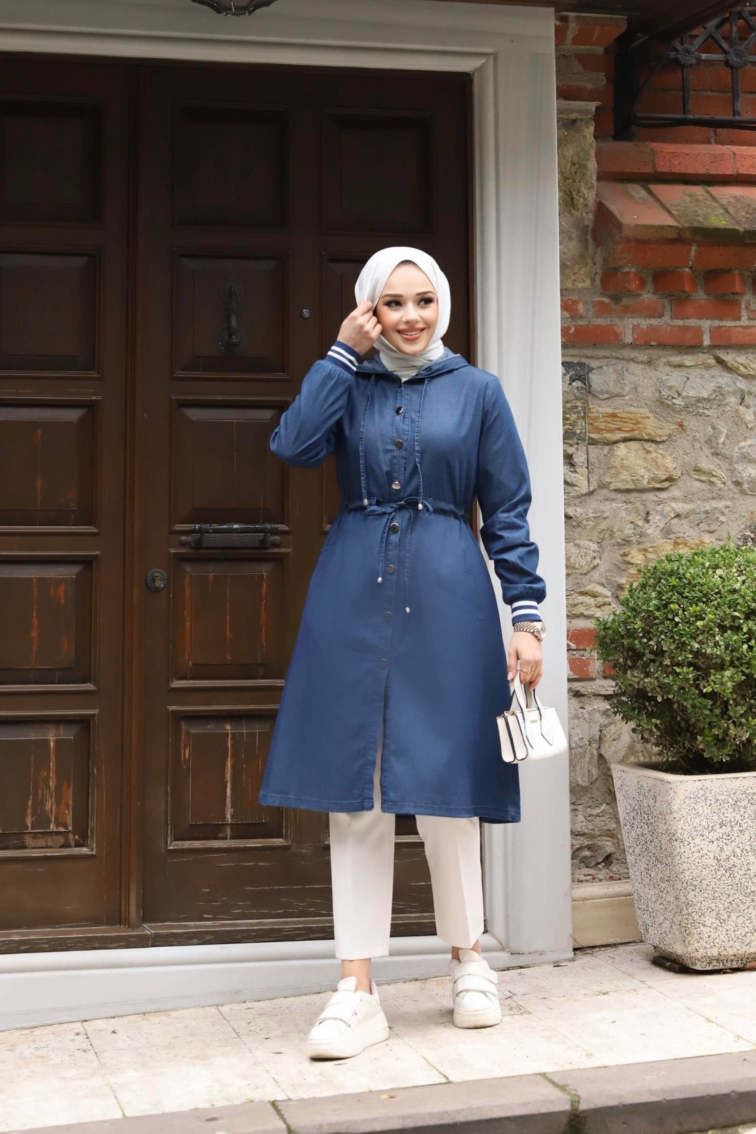 Manşet Detaylı Tesettür Koyu Kot Kap