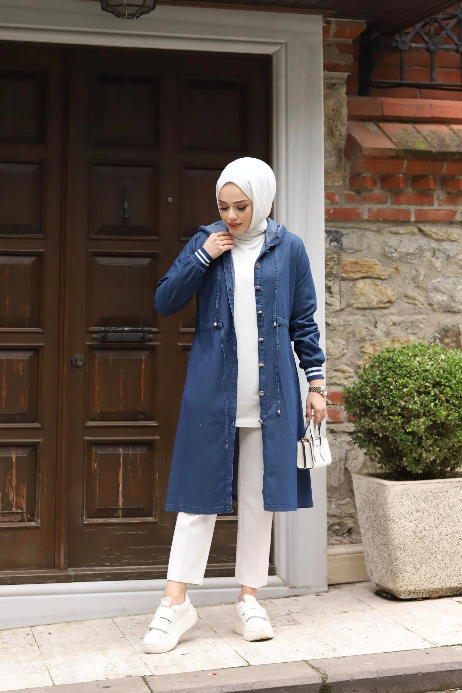 Manşet Detaylı Tesettür Koyu Kot Kap