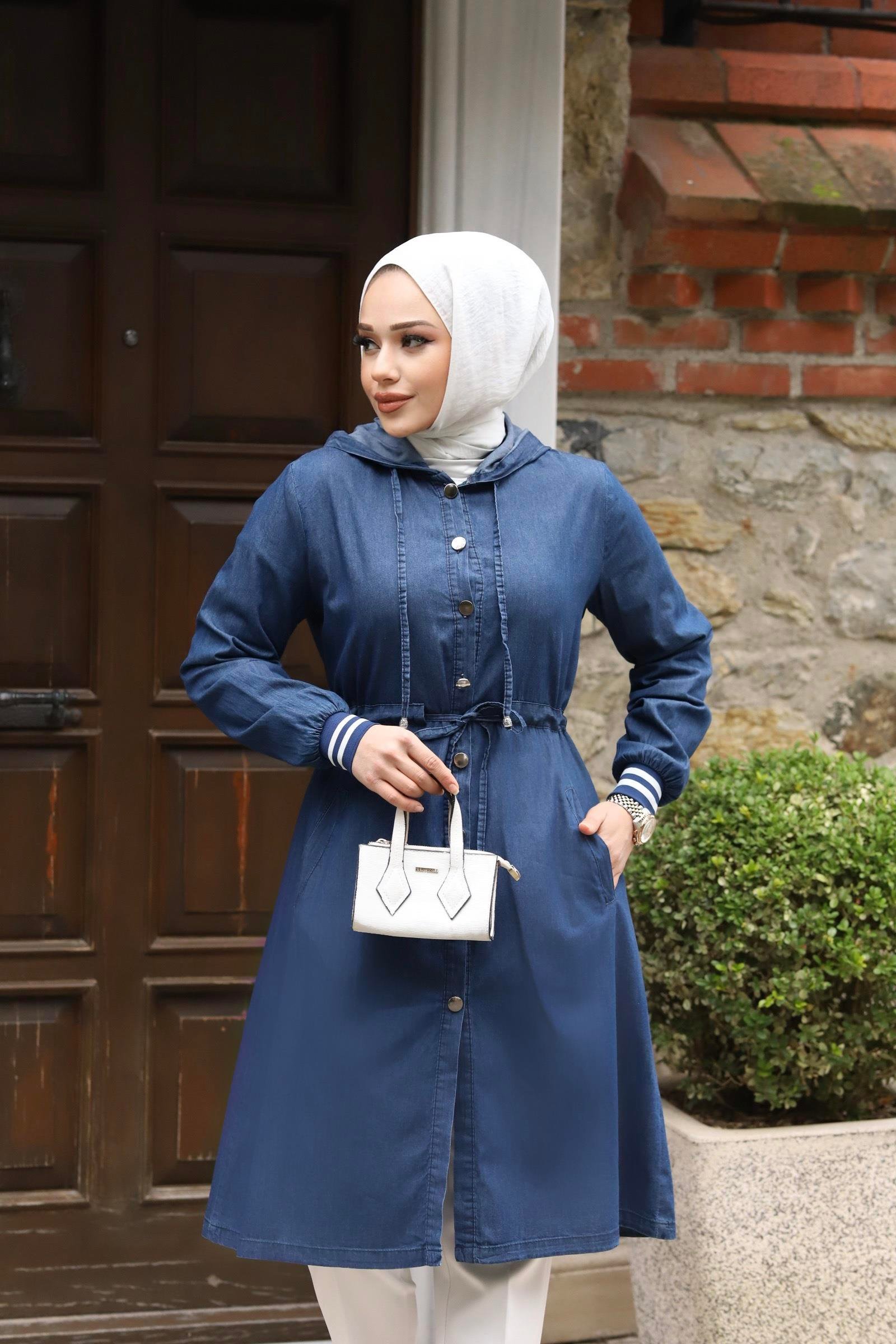 Manşet Detaylı Tesettür Koyu Kot Kap