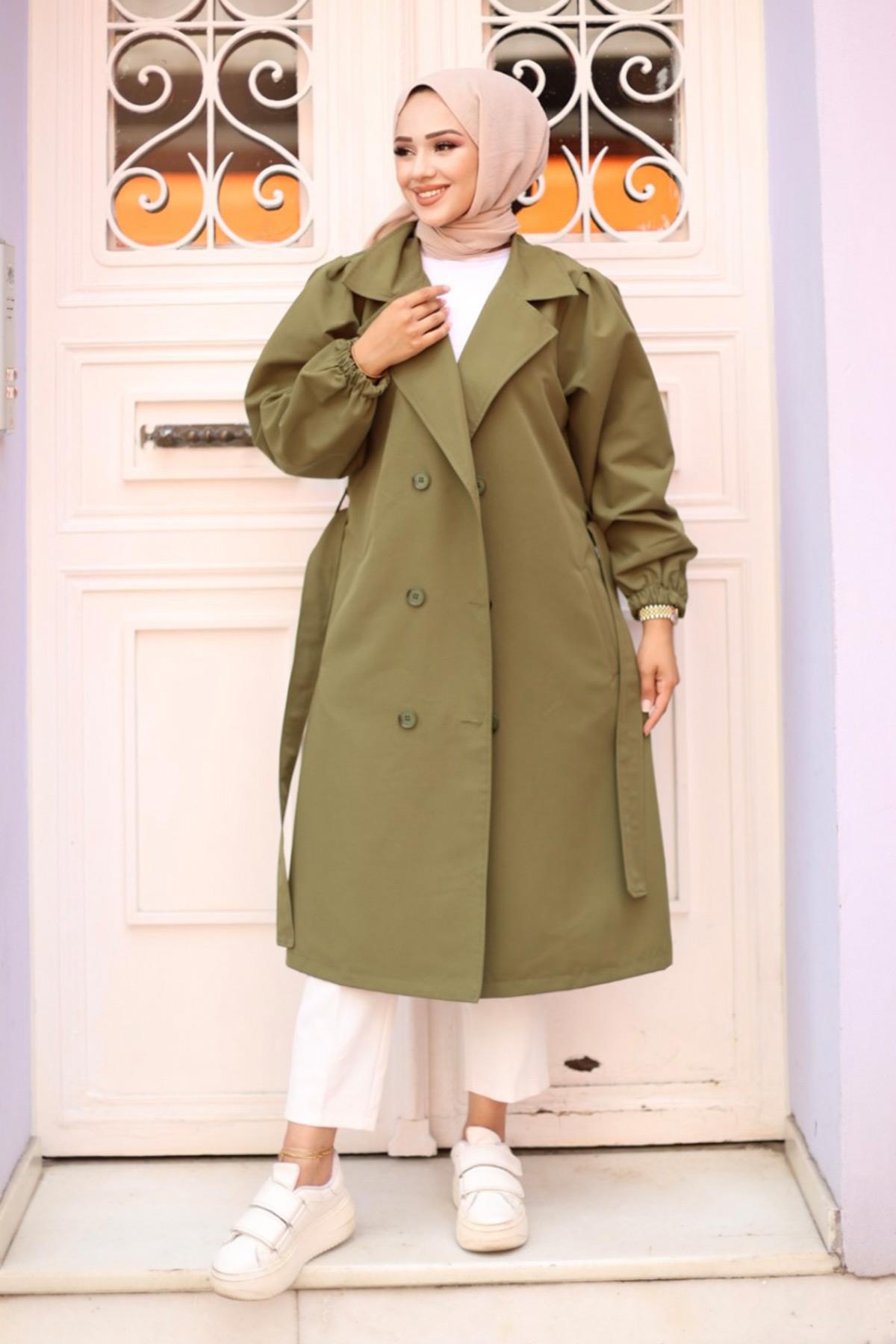 Omzu pileli Detaylı Trençkot  Haki 4429