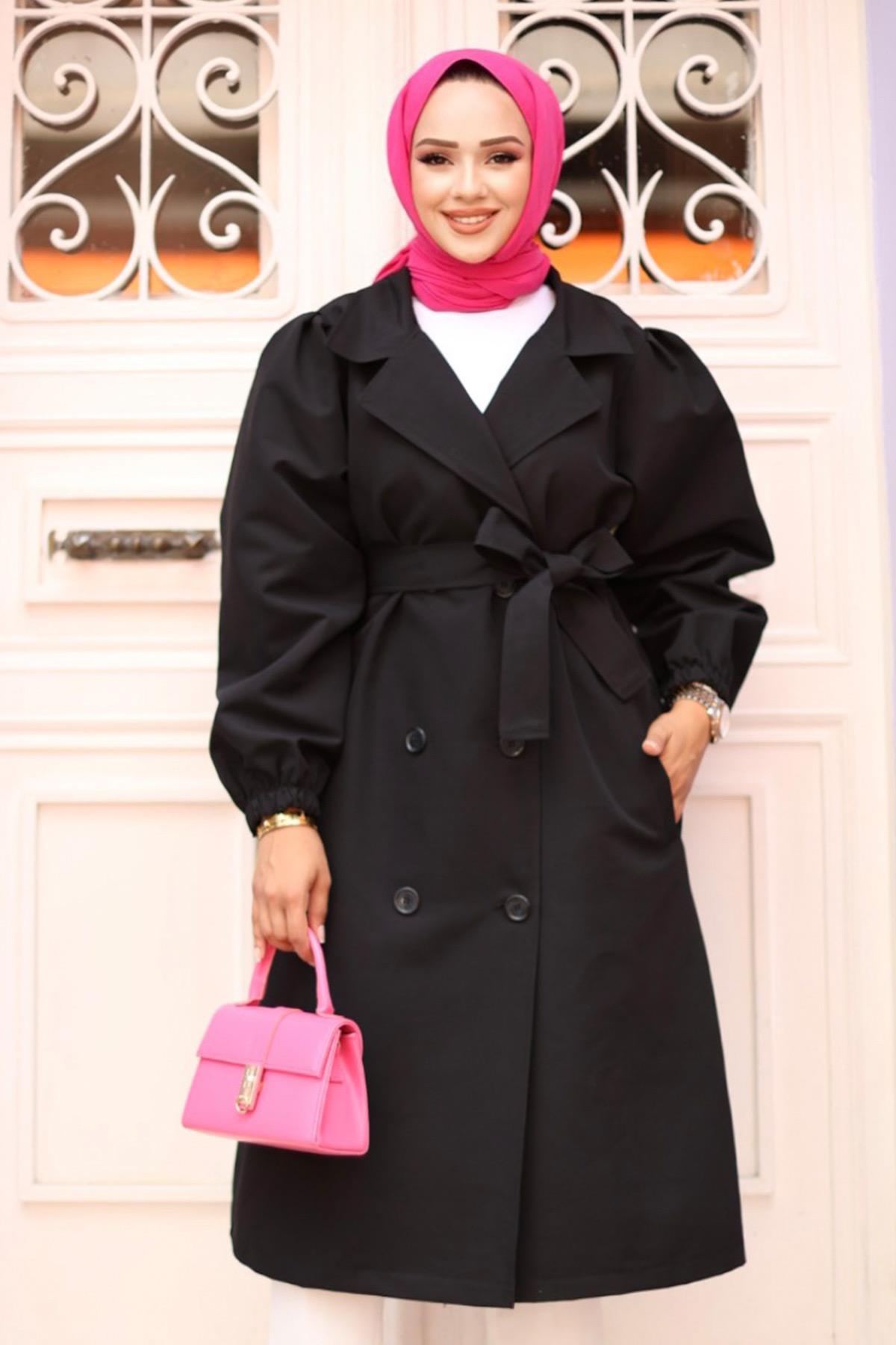 Omzu pileli Detaylı Trençkot  Siyah 4429