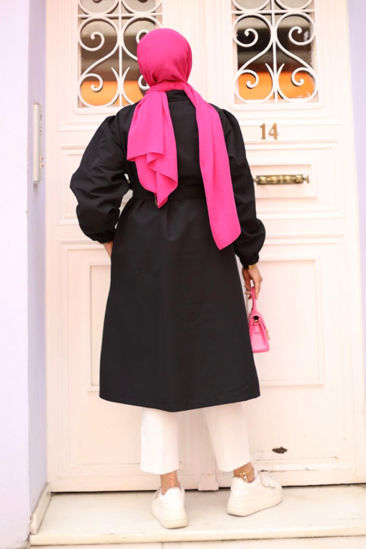 Omzu pileli Detaylı Trençkot  Siyah 4429