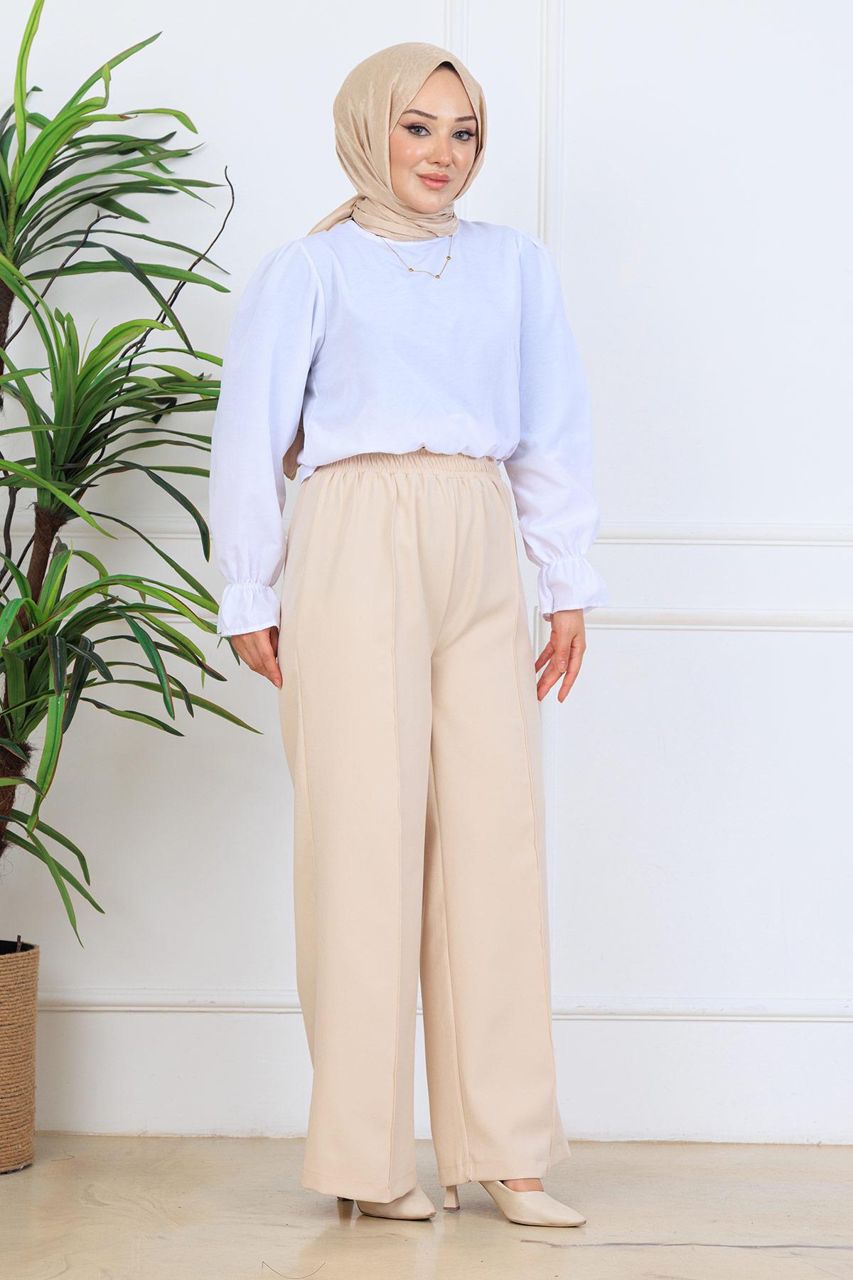 Önü Dikiş Detaylı Dabıl Pantolon Bej