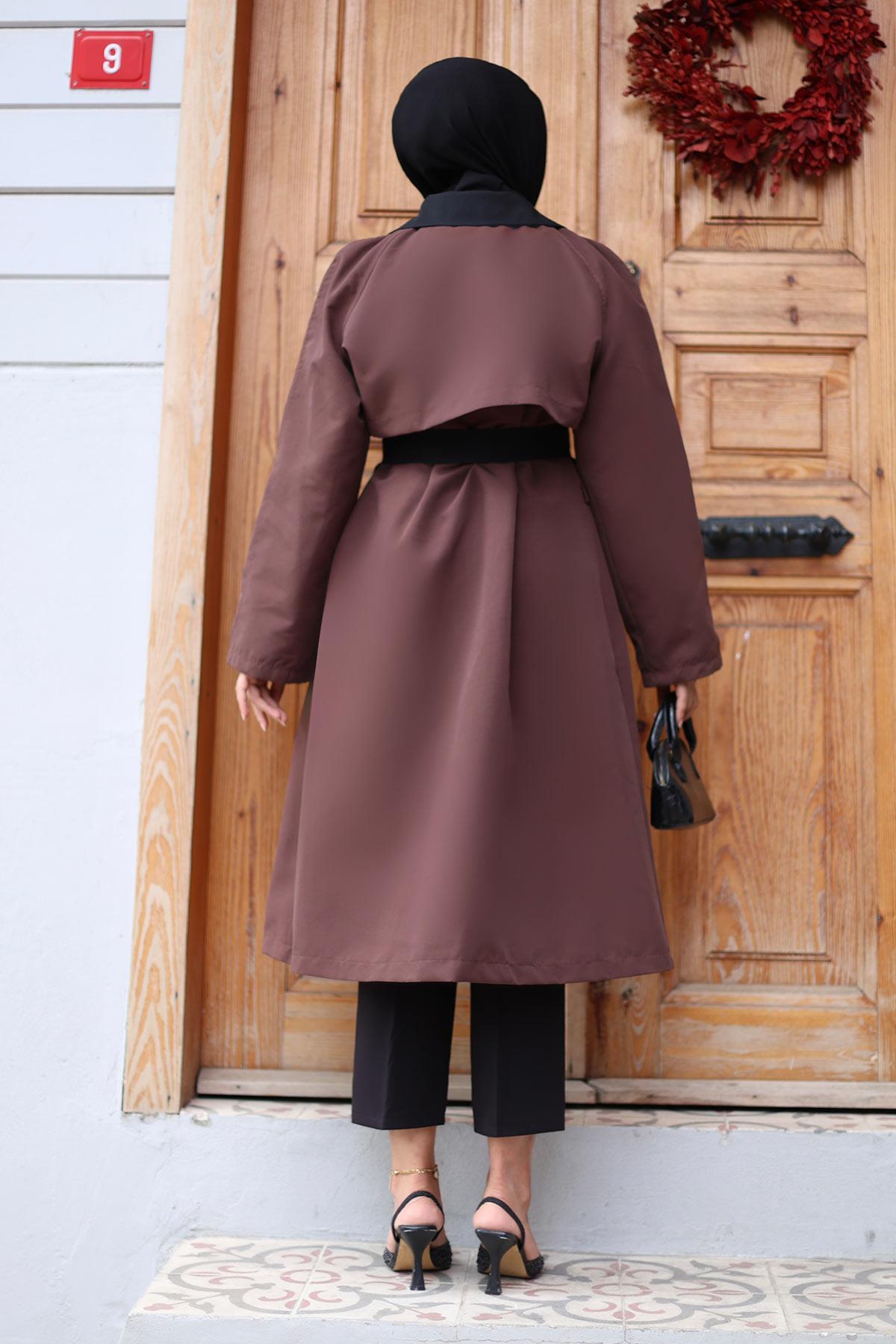 Önü  Garnili  Trençkot  Kahverengi 4434