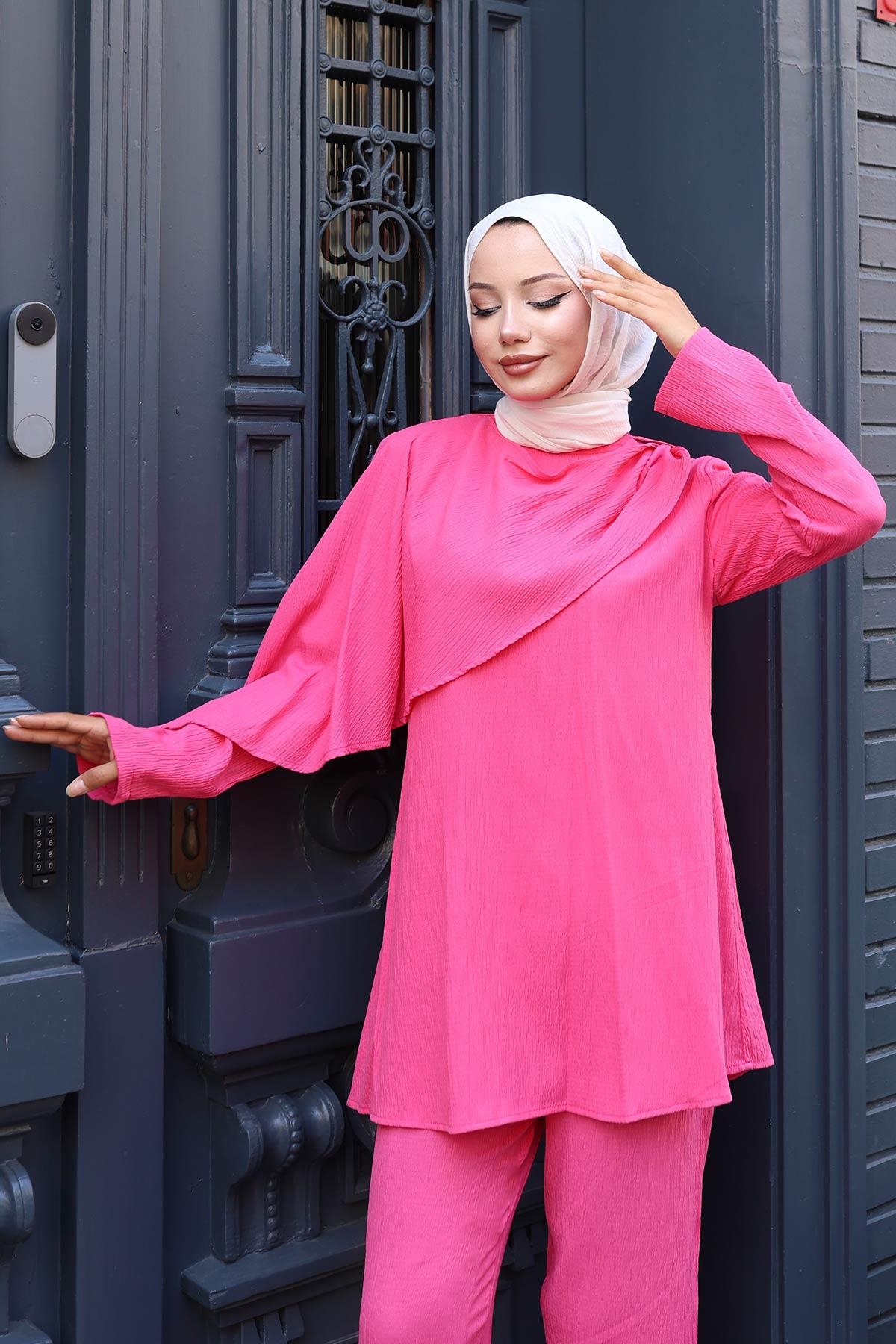 Pelerin Detaylı Takım Fuşya