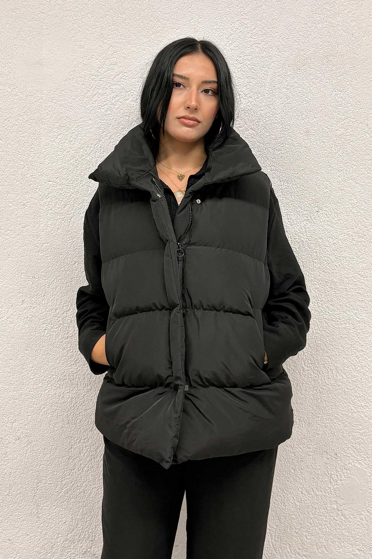 Pembe Astarlı Siyah Şişme Yelek