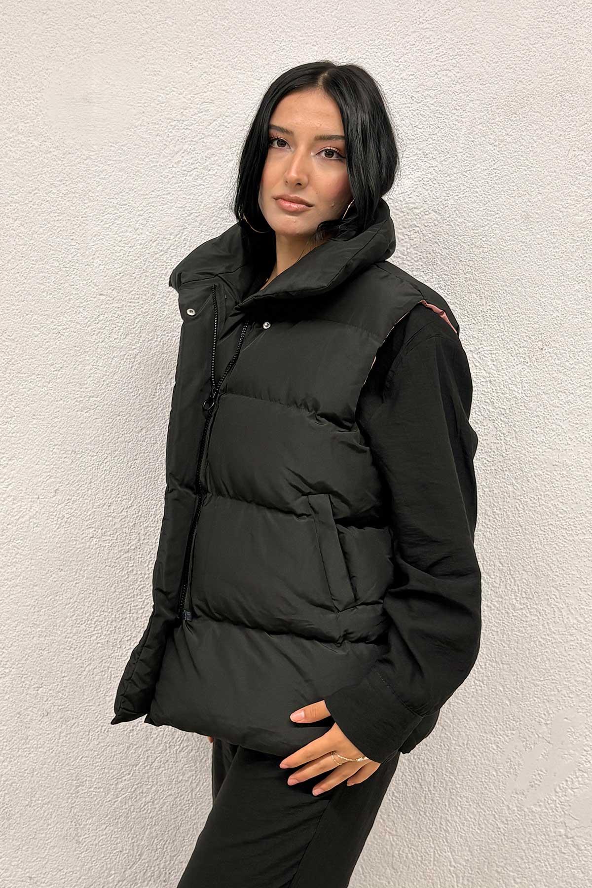 Pembe Astarlı Siyah Şişme Yelek