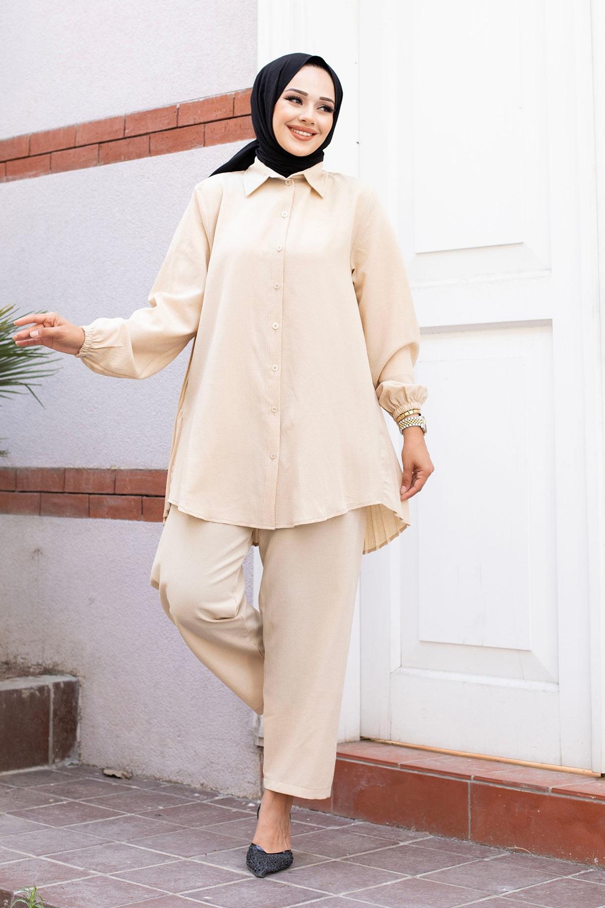 Pilise Detaylı Tesettür Bej Takım 