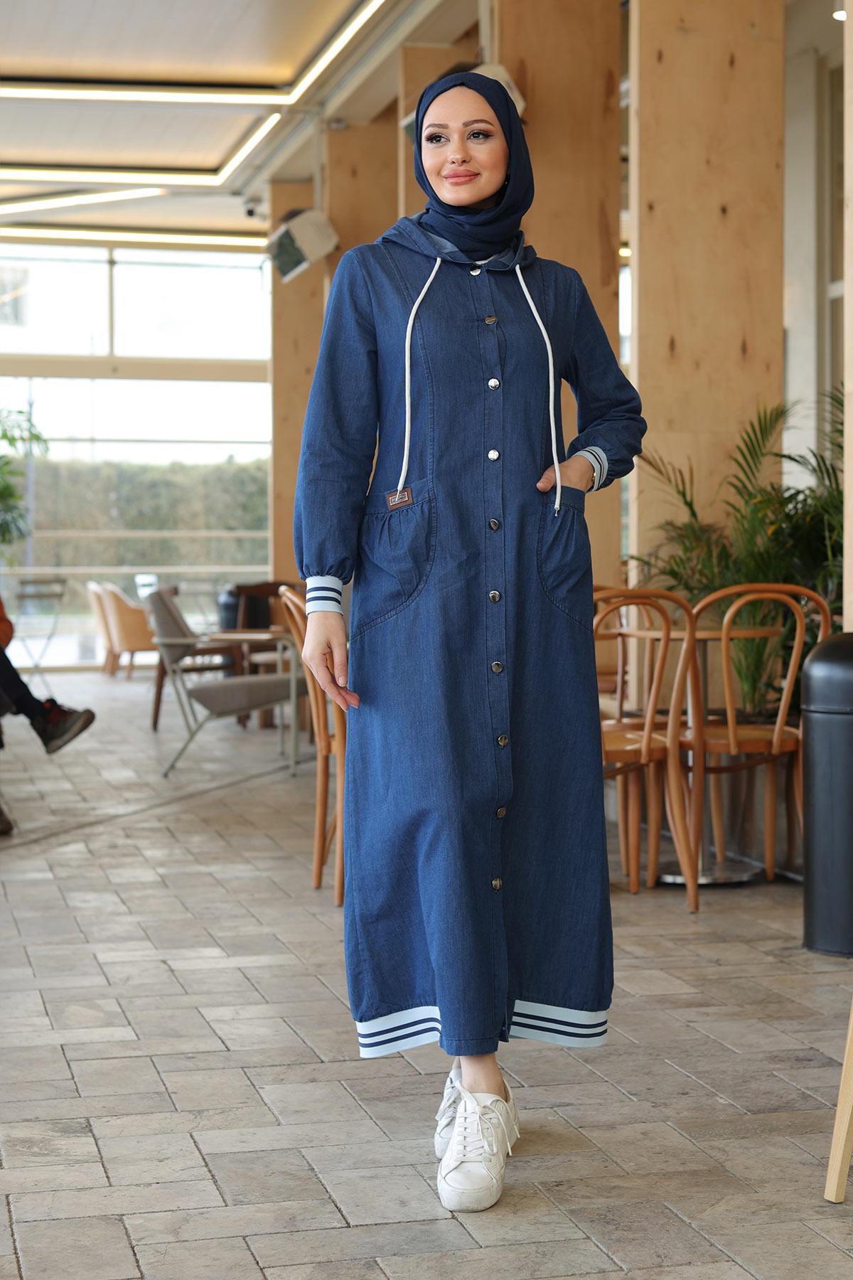 Ribana Detaylı Koyu Kot Elbise 