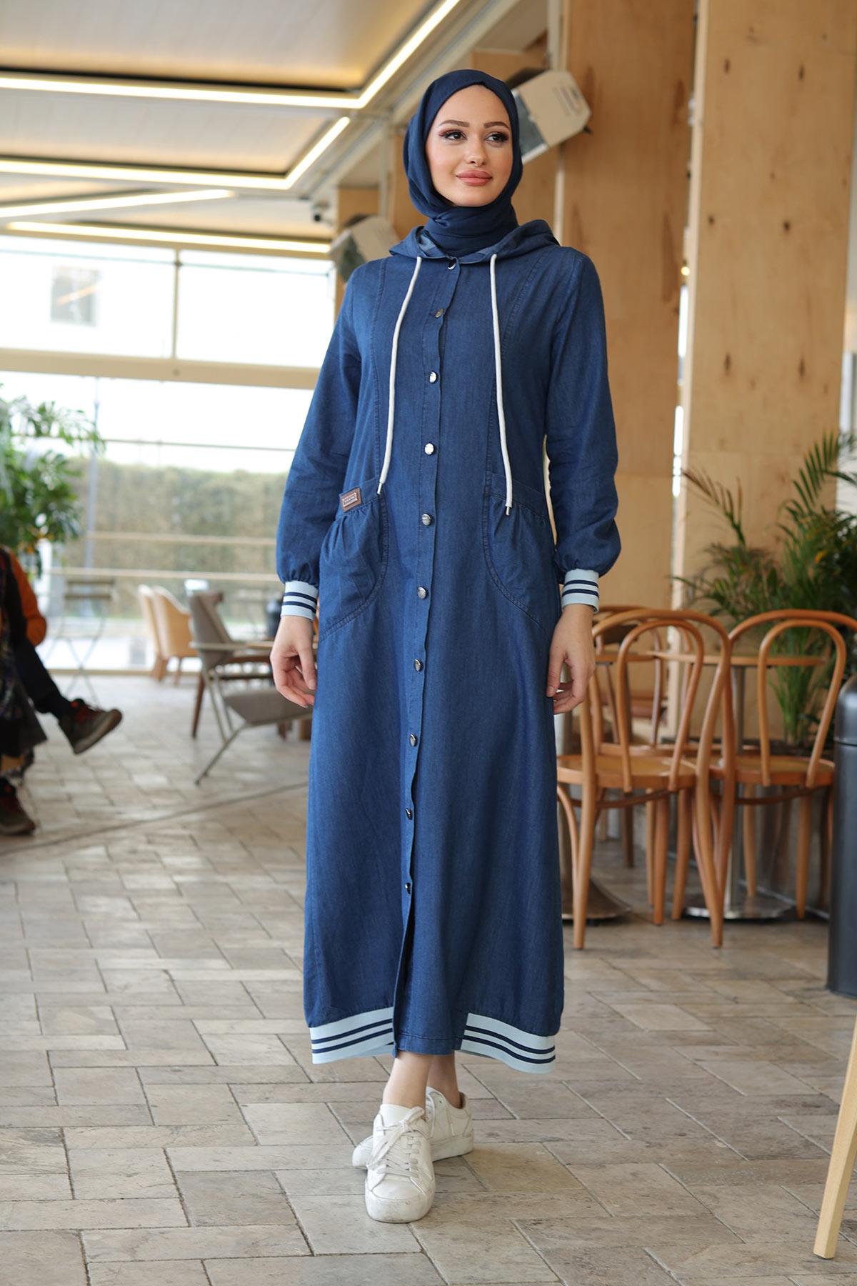 Ribana Detaylı Koyu Kot Elbise 