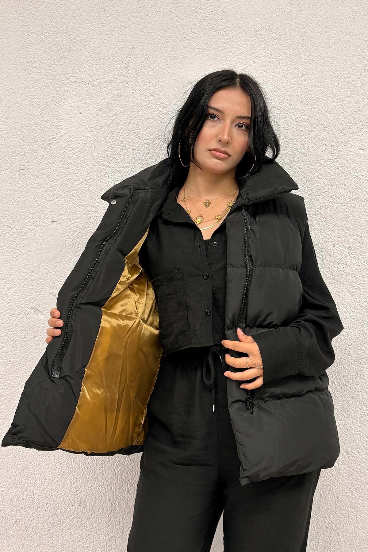 Taba Astarlı Siyah Şişme Yelek