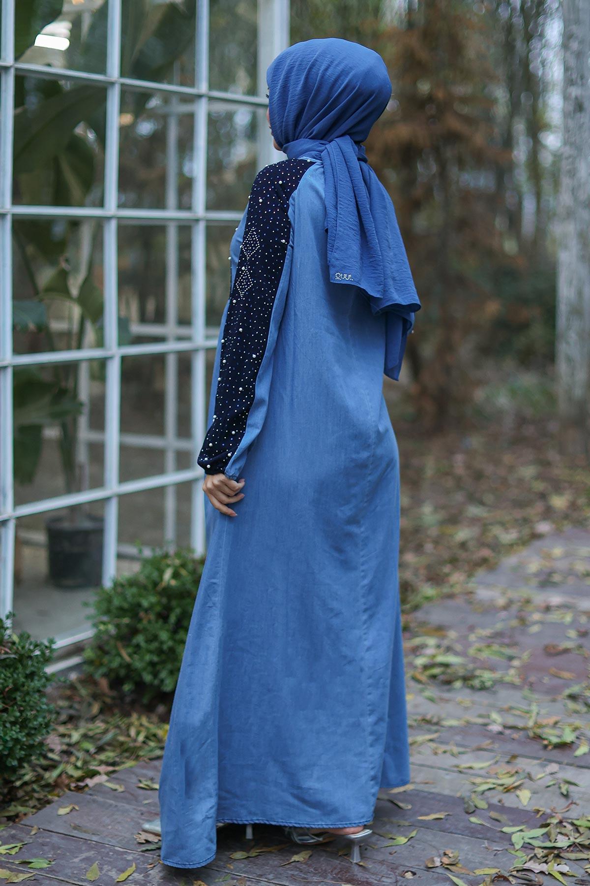 Taş Detaylı Açık Kot Elbise 