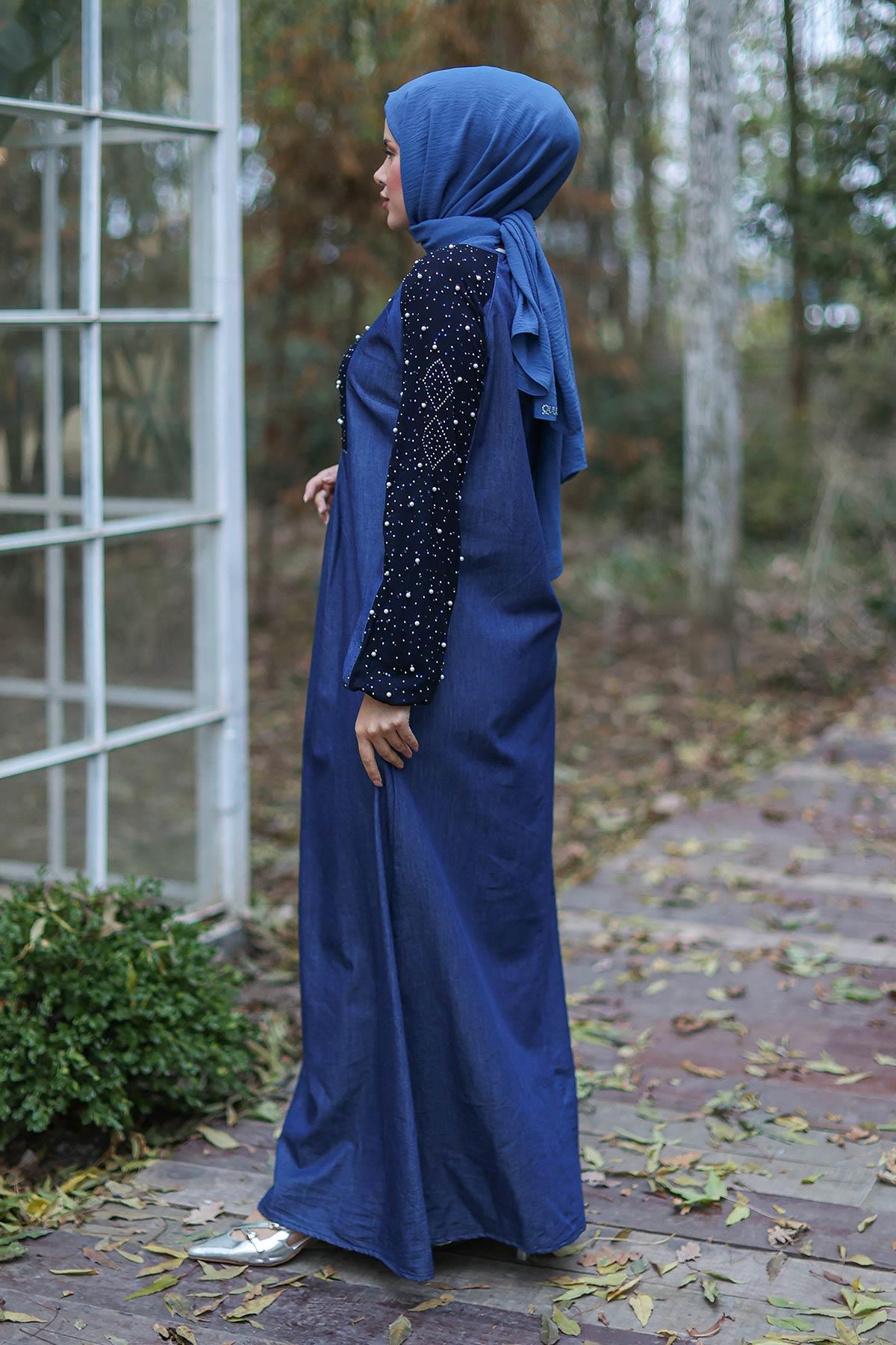 Taş Detaylı Koyu Kot Elbise 