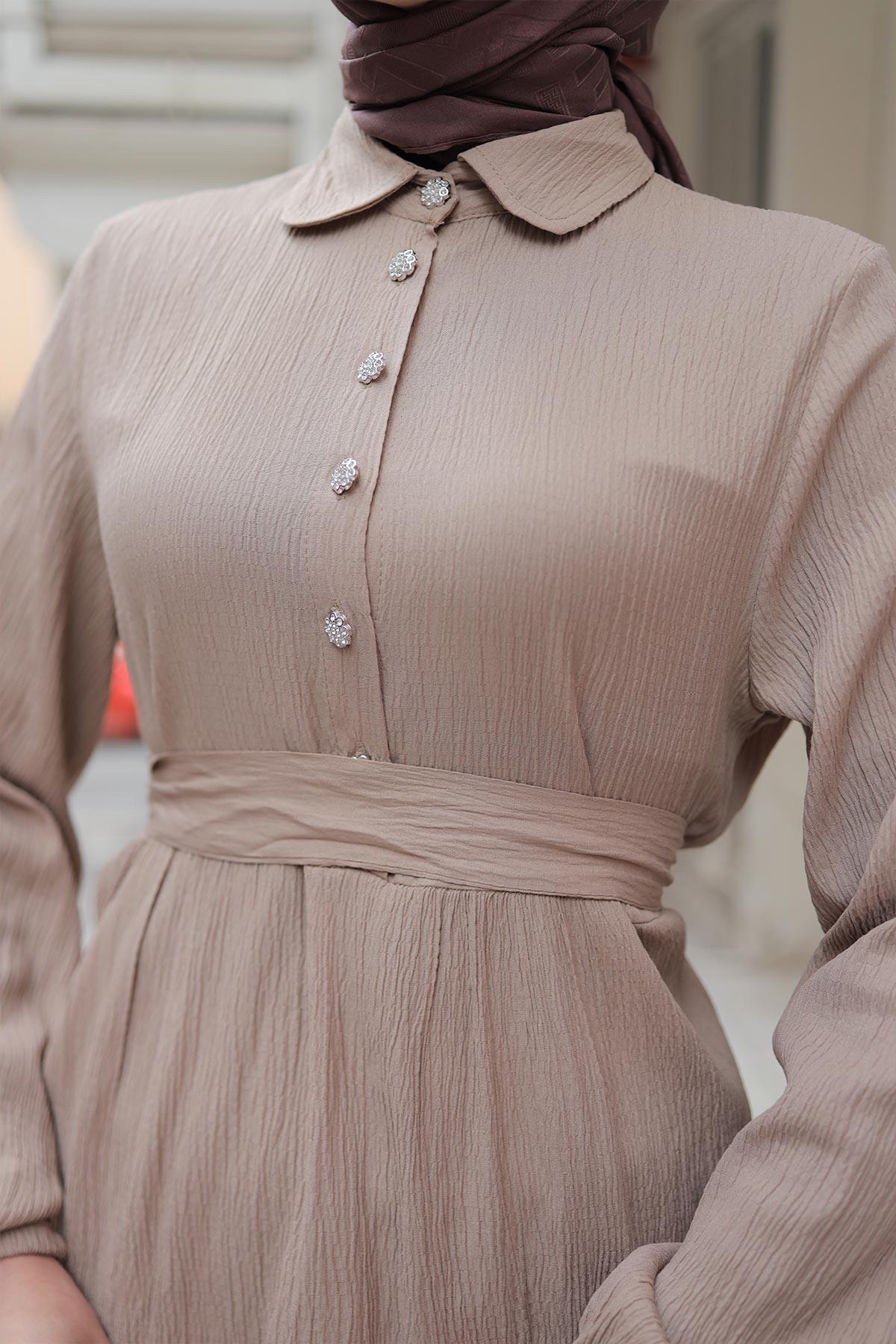 Taş Düğme Detaylı Takım Vizon