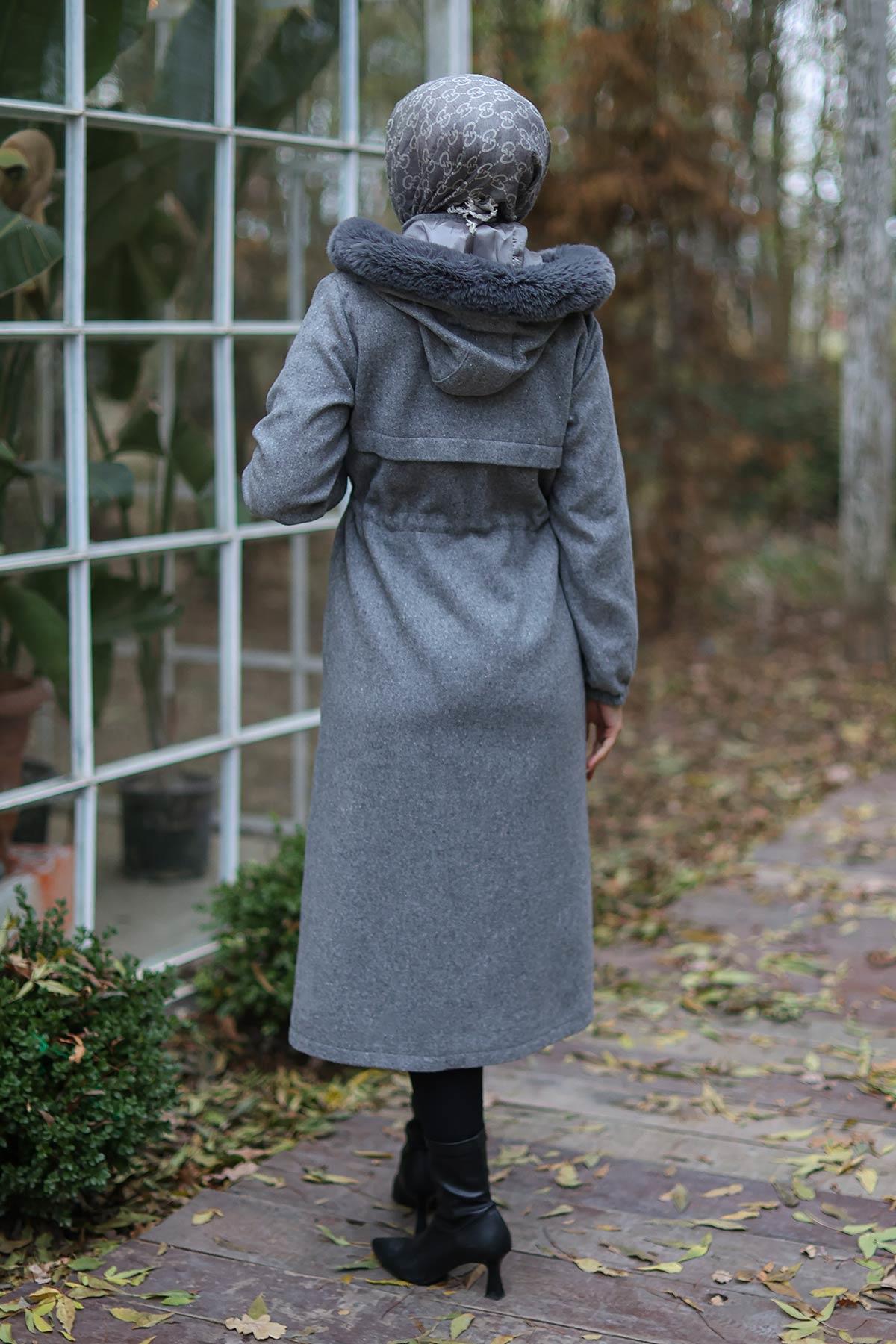 Tünel Detaylı Kaşe Kaban Gri 1226