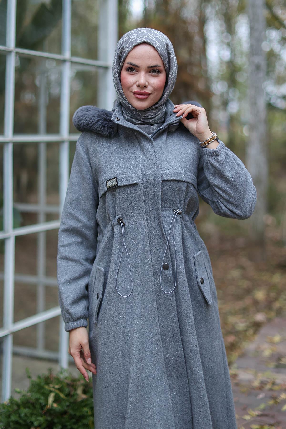 Tünel Detaylı Kaşe Kaban Gri 1226