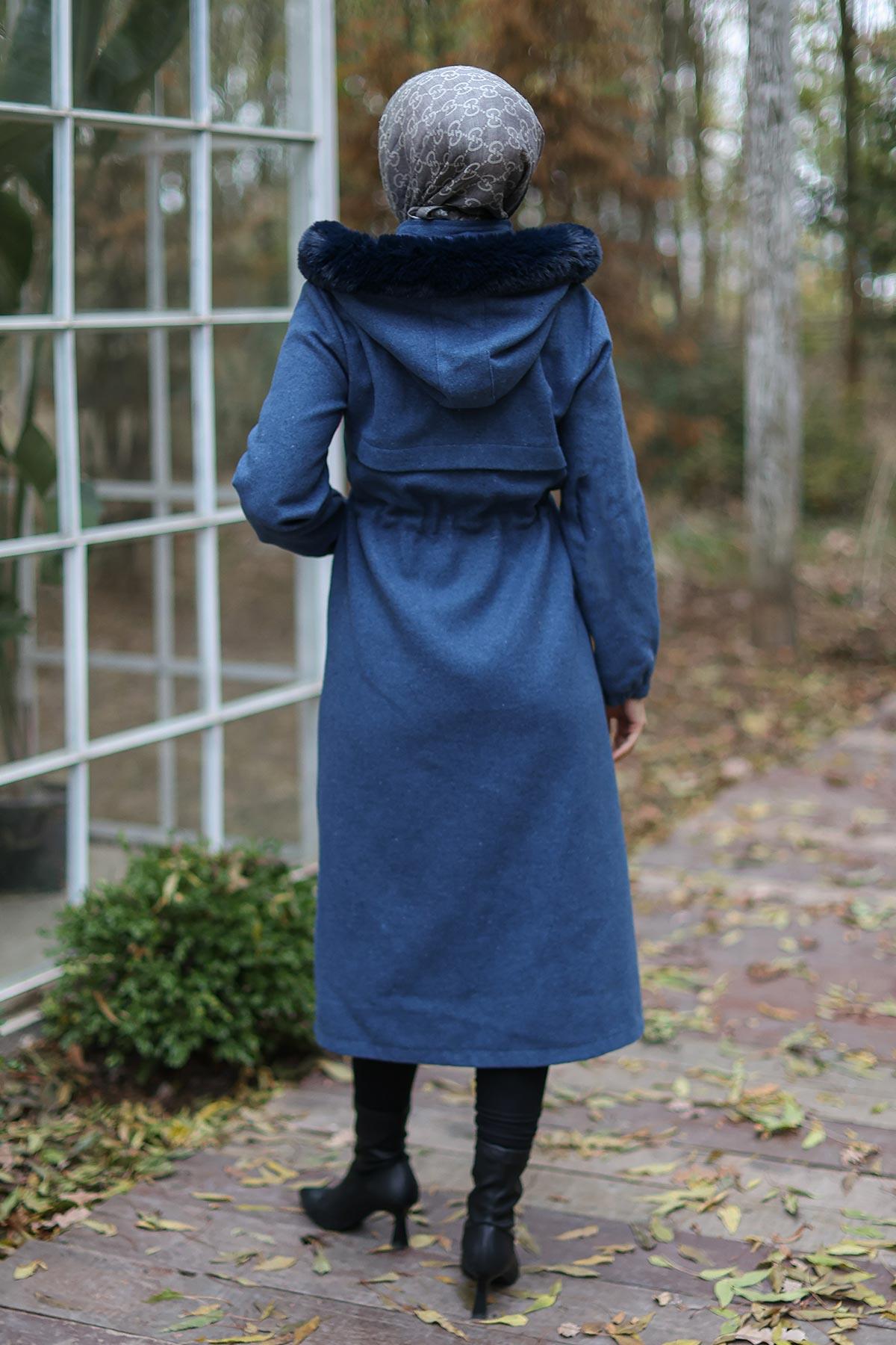 Tünel Detaylı Kaşe Kaban İndigo 1226