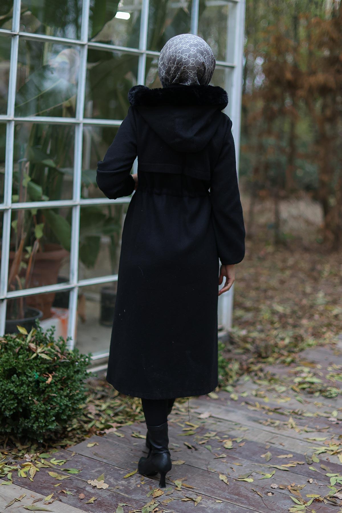 Tünel Detaylı Kaşe Kaban Siyah 1226