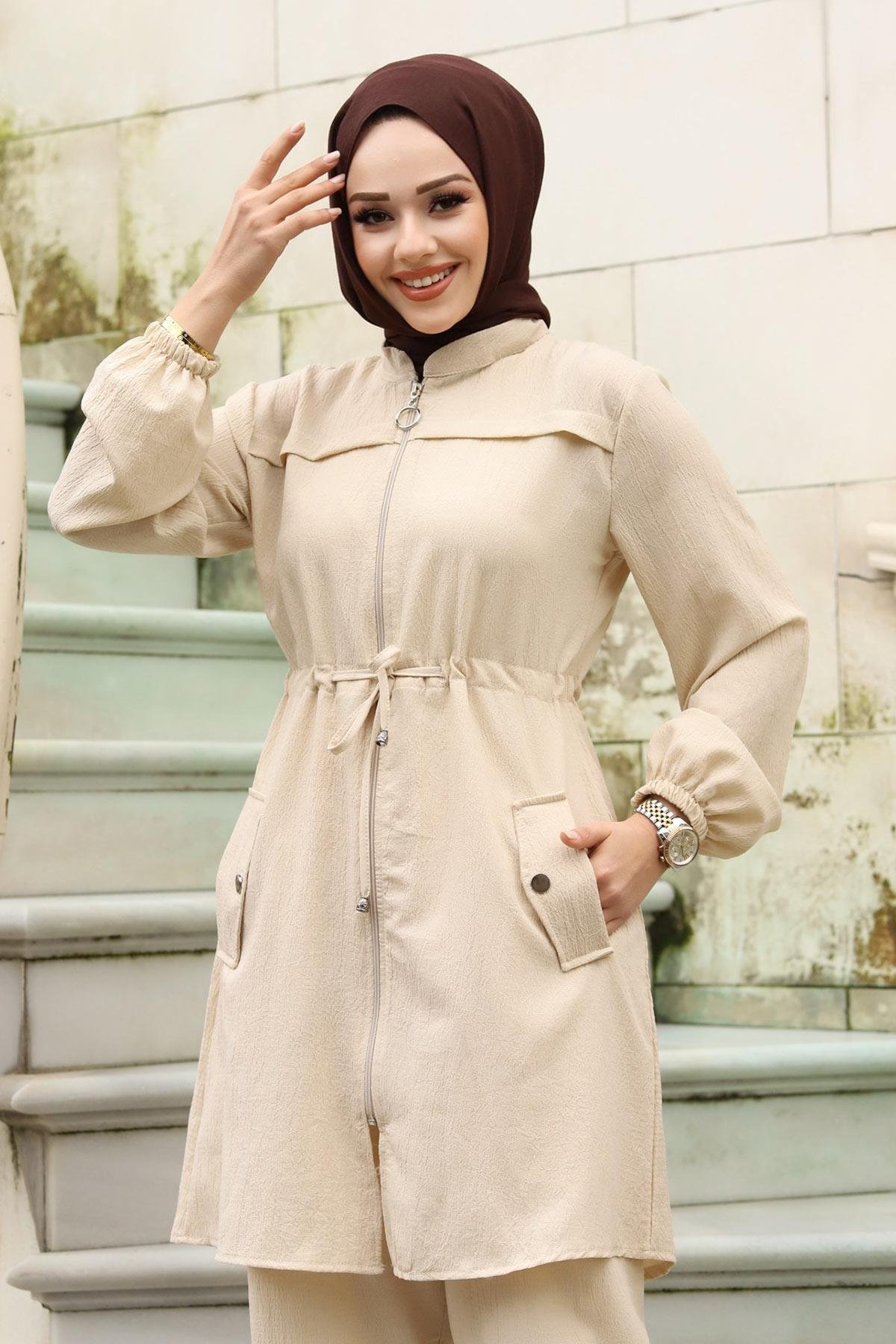 Tünel Detaylı Tesettür Bej Takım 
