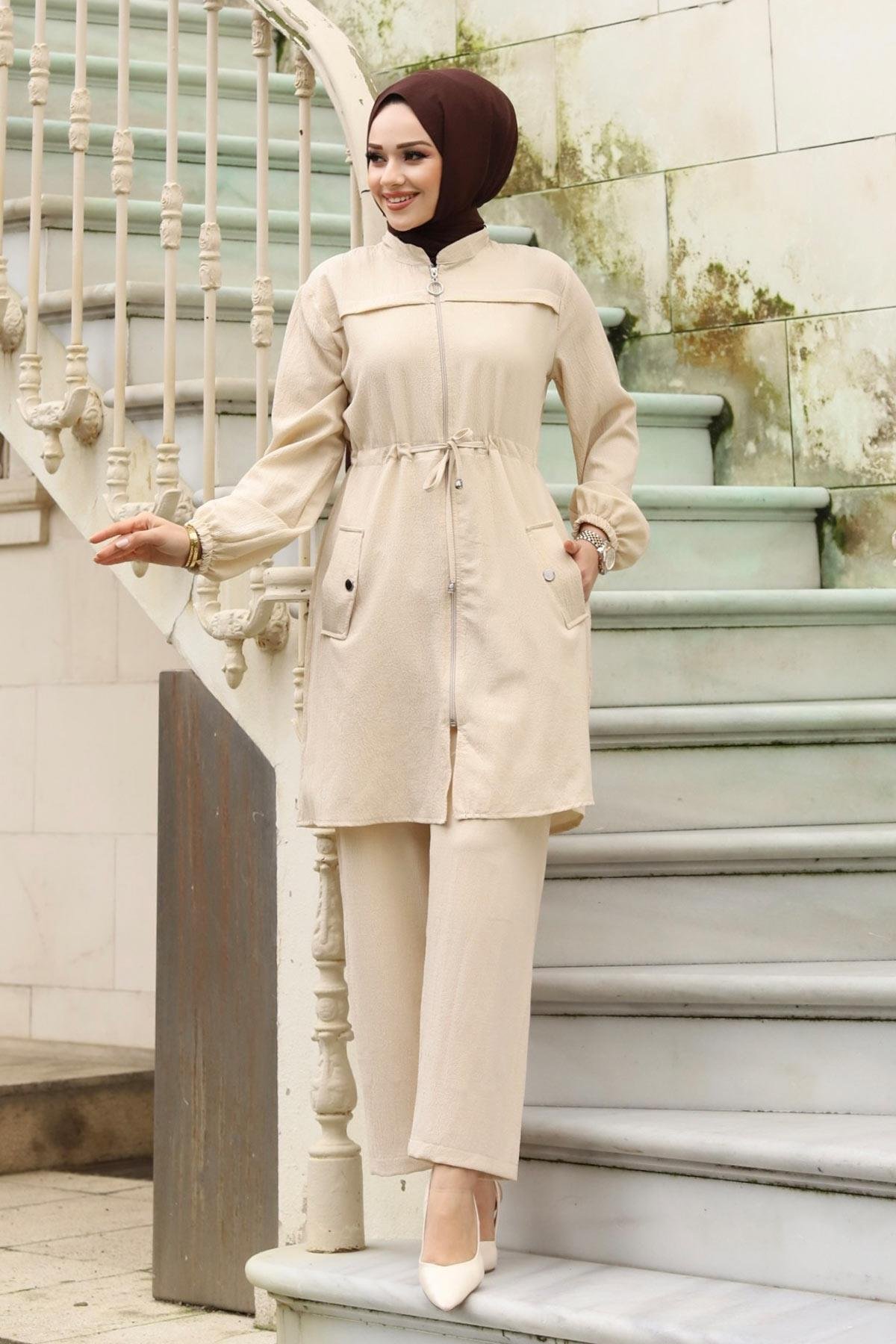 Tünel Detaylı Tesettür Bej Takım 
