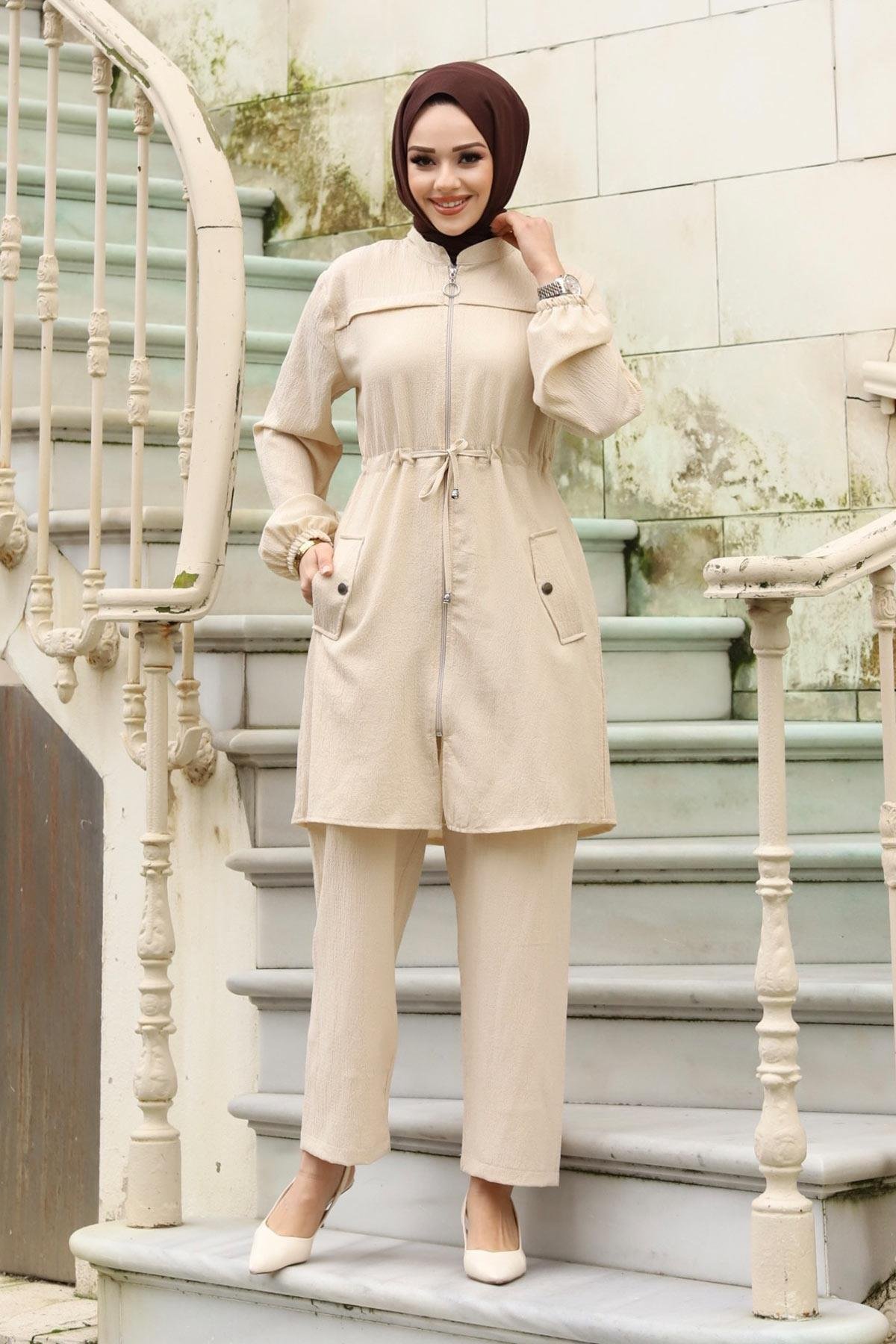 Tünel Detaylı Tesettür Bej Takım 