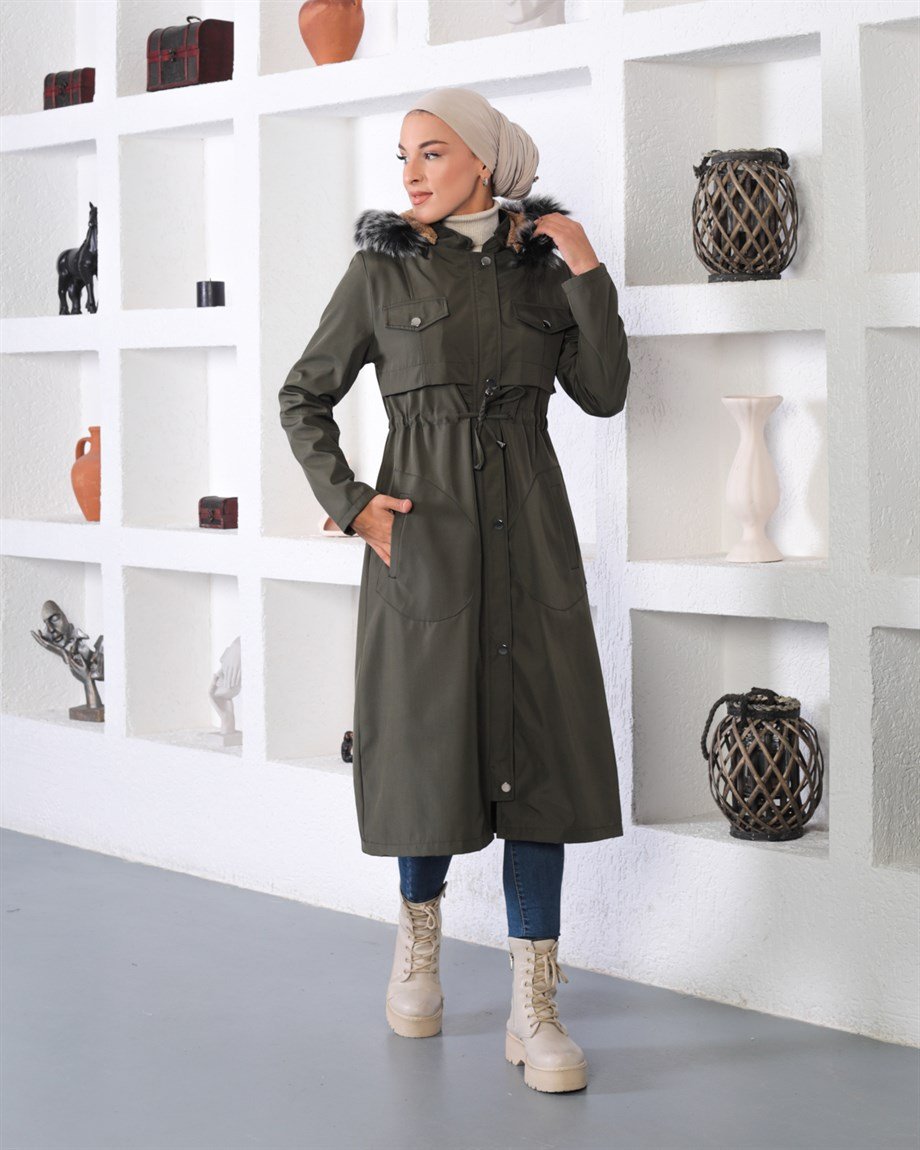 Tünel Detaylı Tesettür Haki Mont 