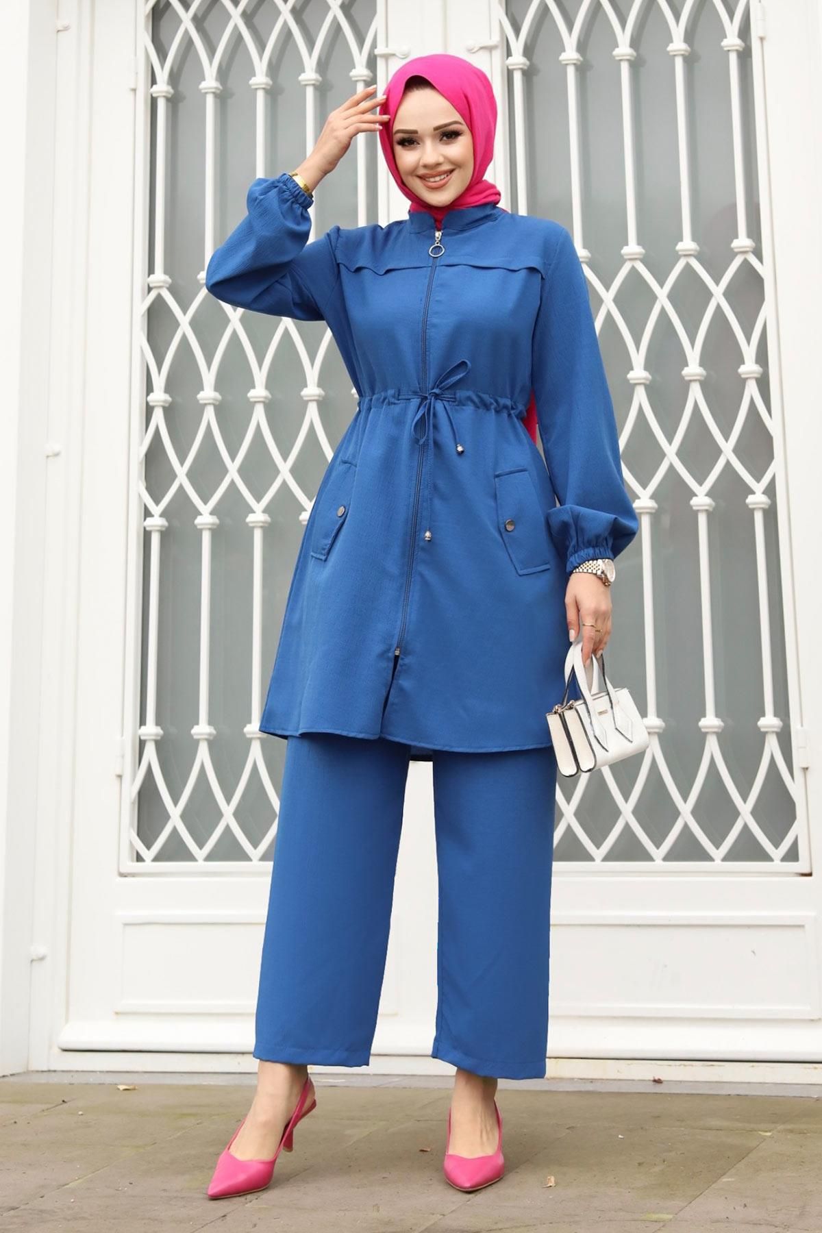 Tünel Detaylı Tesettür İndigo Takım 