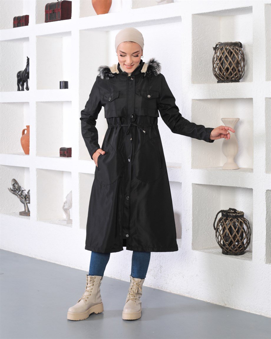 Tünel Detaylı Tesettür Siyah Mont 