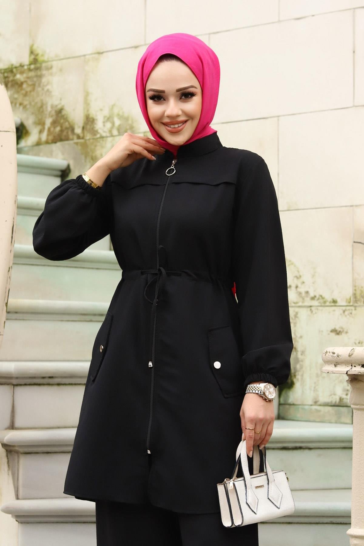 Tünel Detaylı Tesettür Siyah Takım 