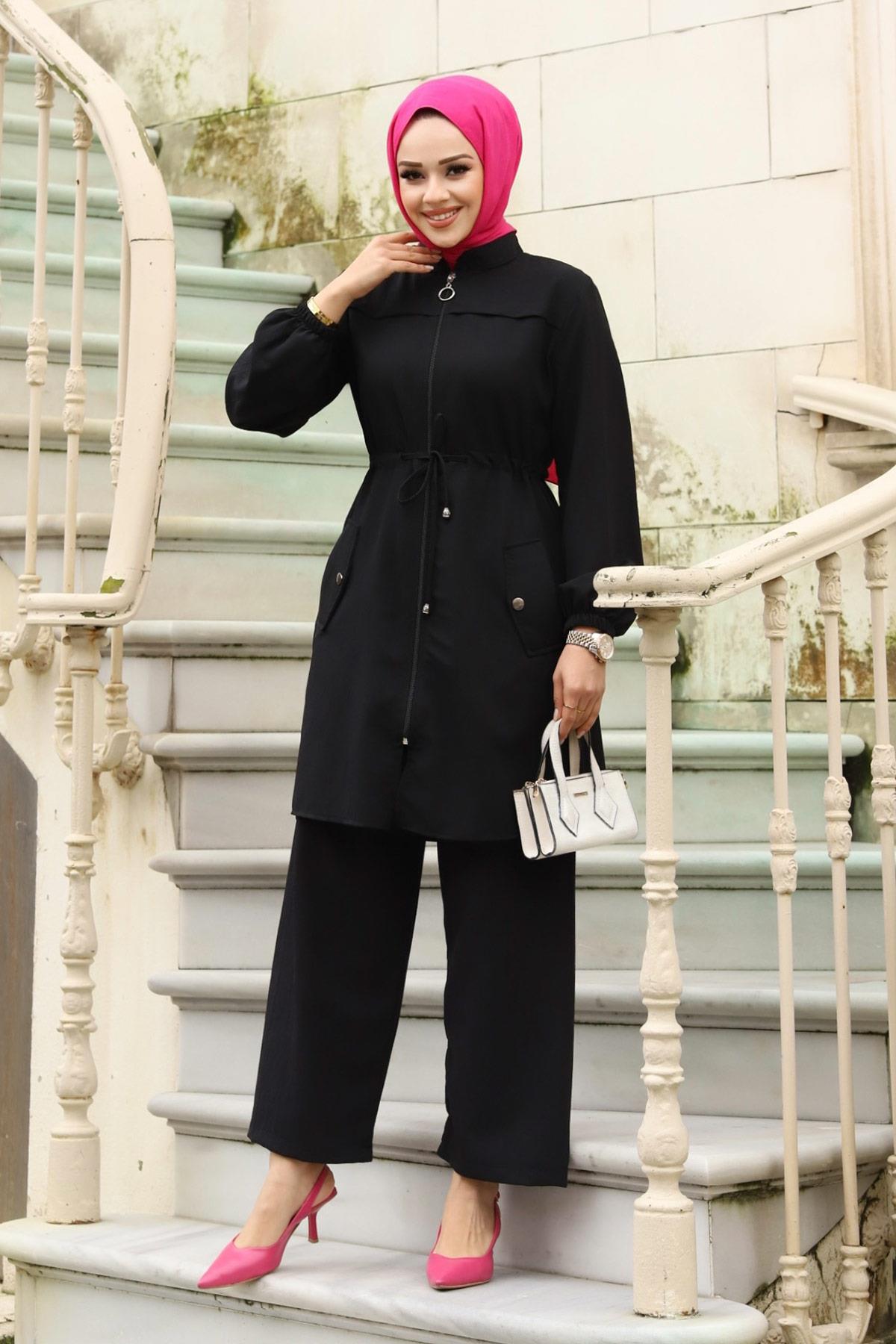 Tünel Detaylı Tesettür Siyah Takım 
