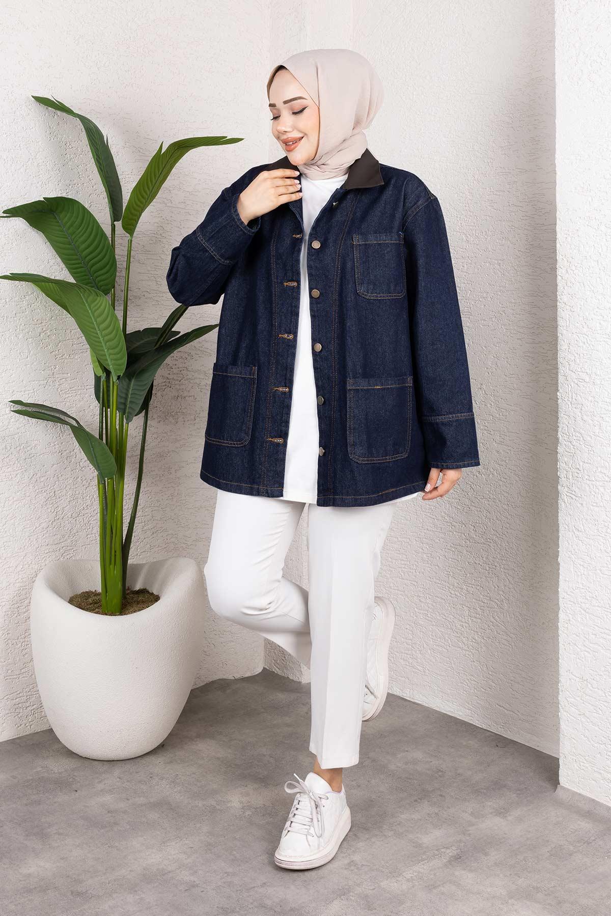 Yaka Detaylı Kot Ceket Koyu Mavi