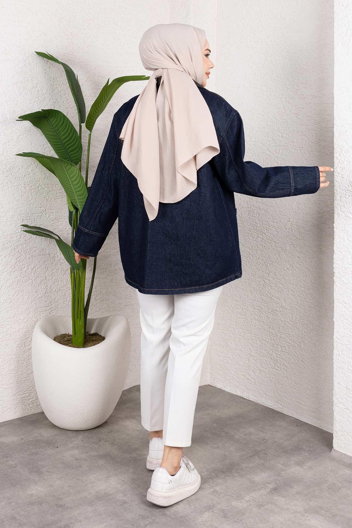 Yaka Detaylı Kot Ceket Koyu Mavi