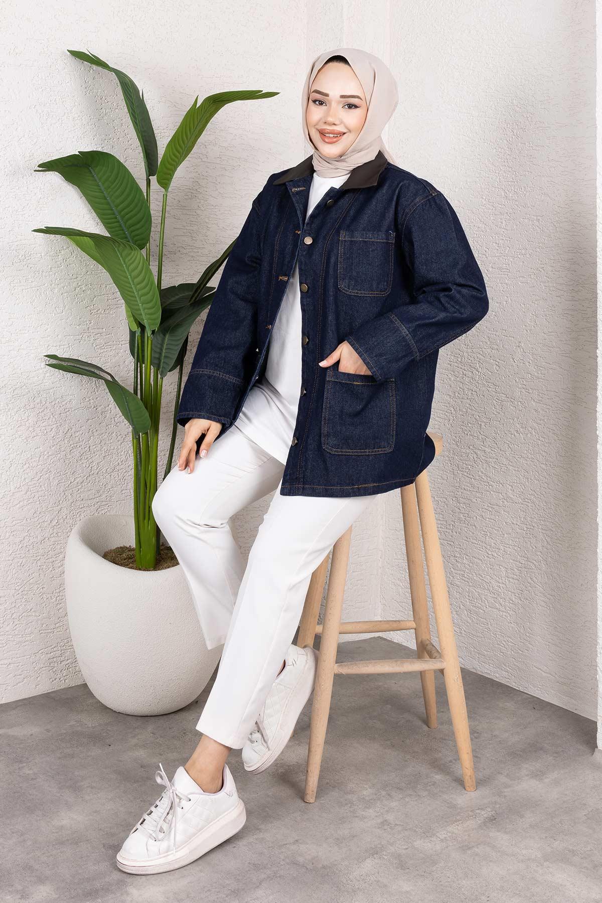 Yaka Detaylı Kot Ceket Koyu Mavi