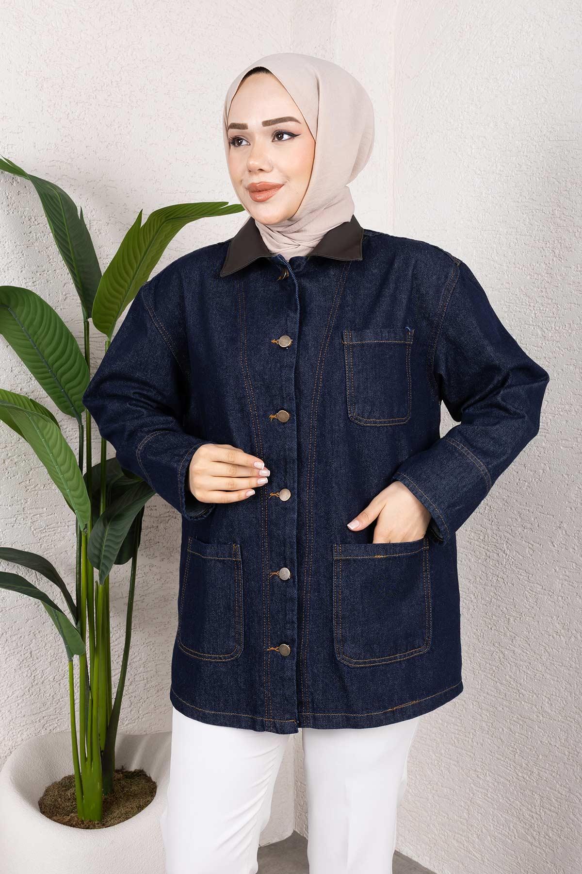 Yaka Detaylı Kot Ceket Koyu Mavi