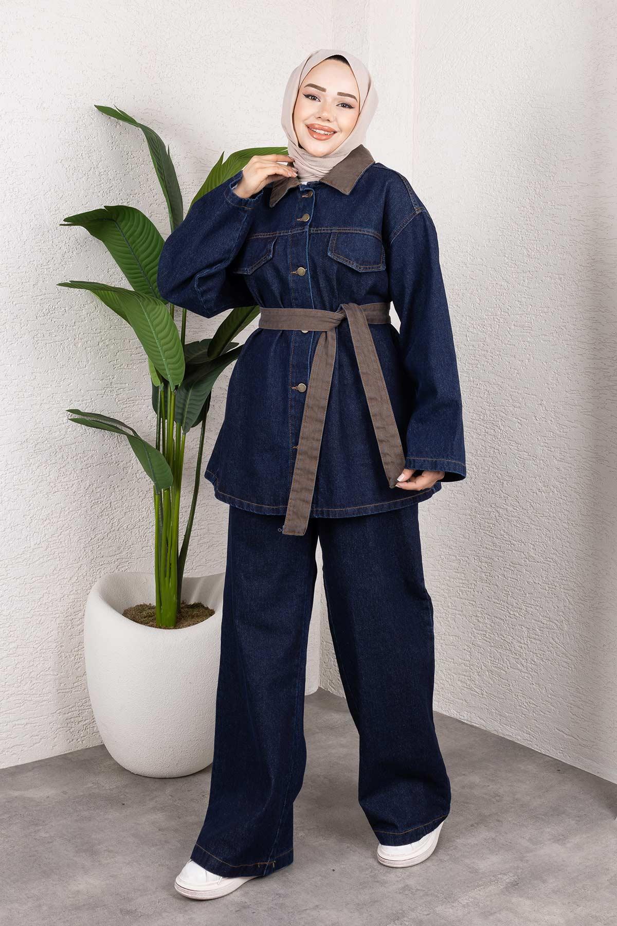 Yaka Detaylı Kot Takım Koyu Mavi