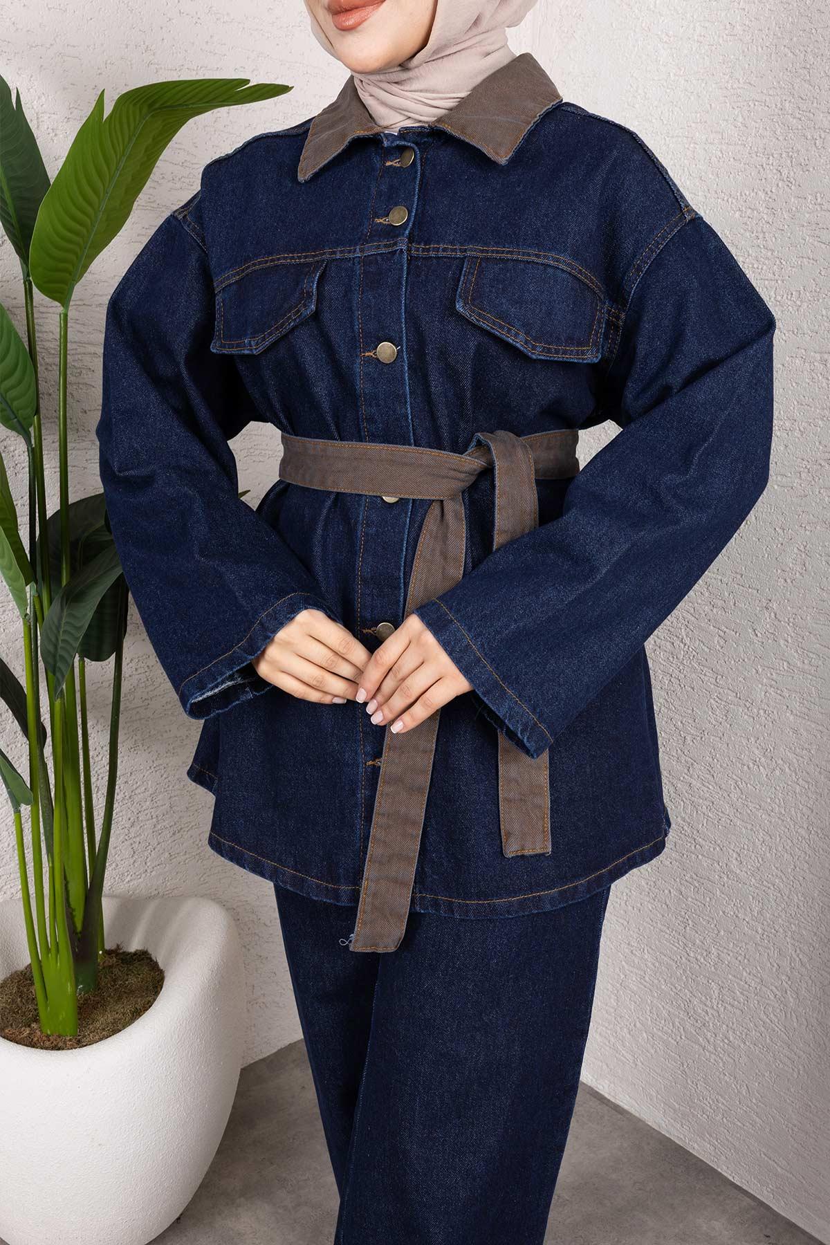 Yaka Detaylı Kot Takım Koyu Mavi